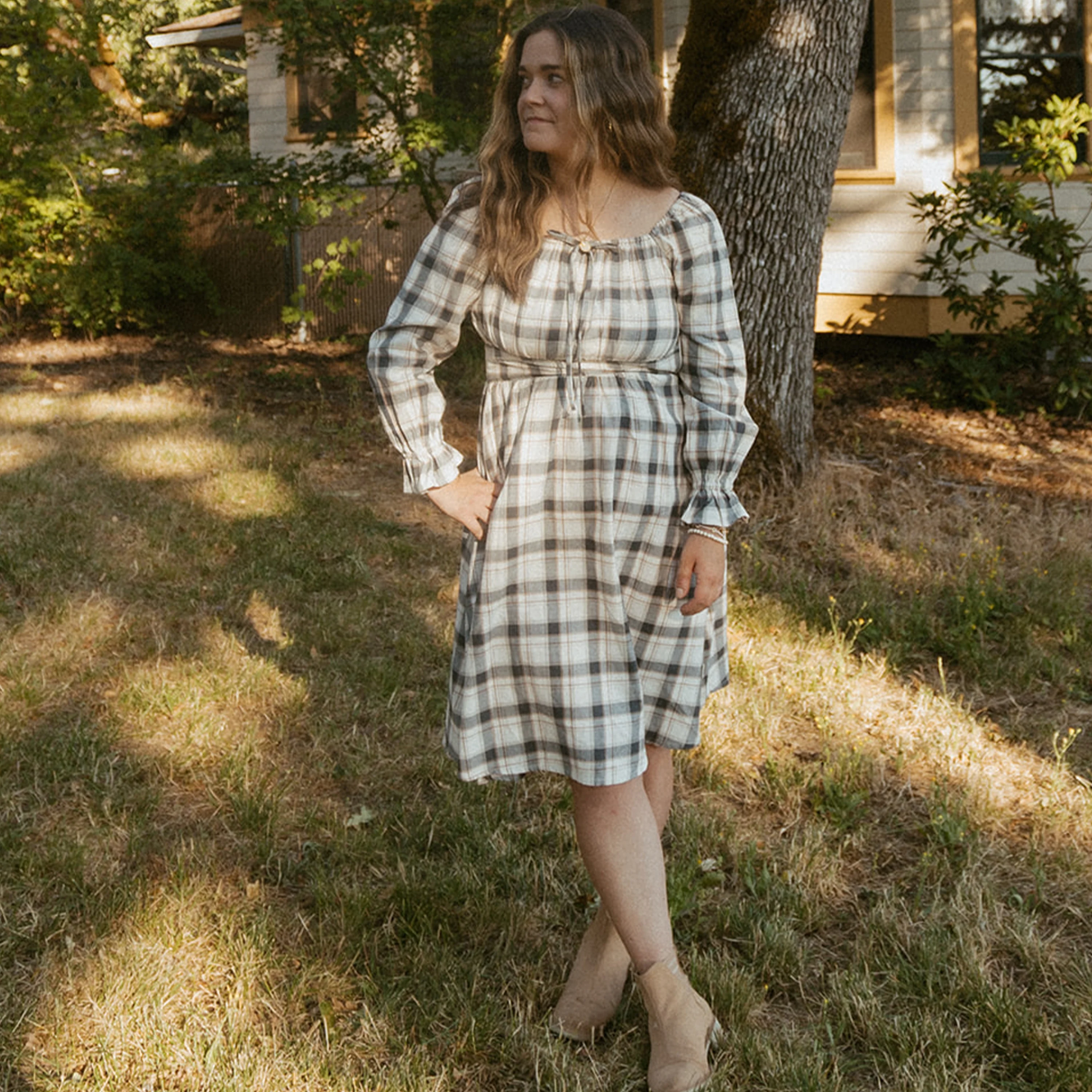 Organic Long Sleeve Ruffle Dress - Plaid Checks