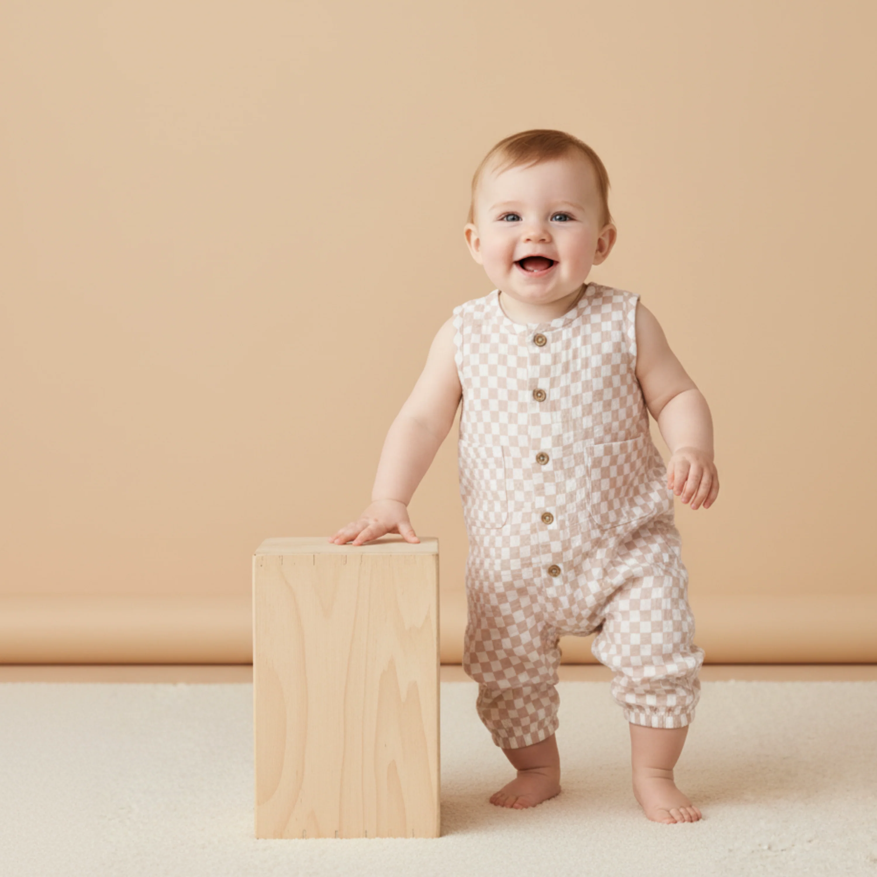 Organic Buttoned Jumpsuit - Brick Checks - Image 3