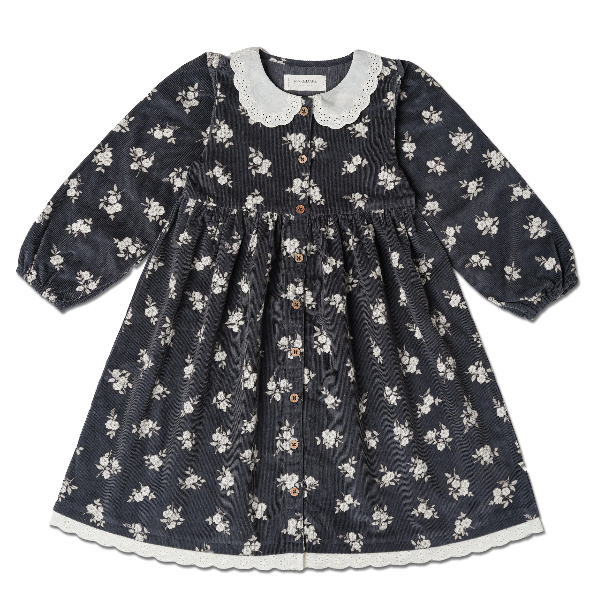 Organic Corduroy Collared Button Dress - Navy Bloom - Image 2