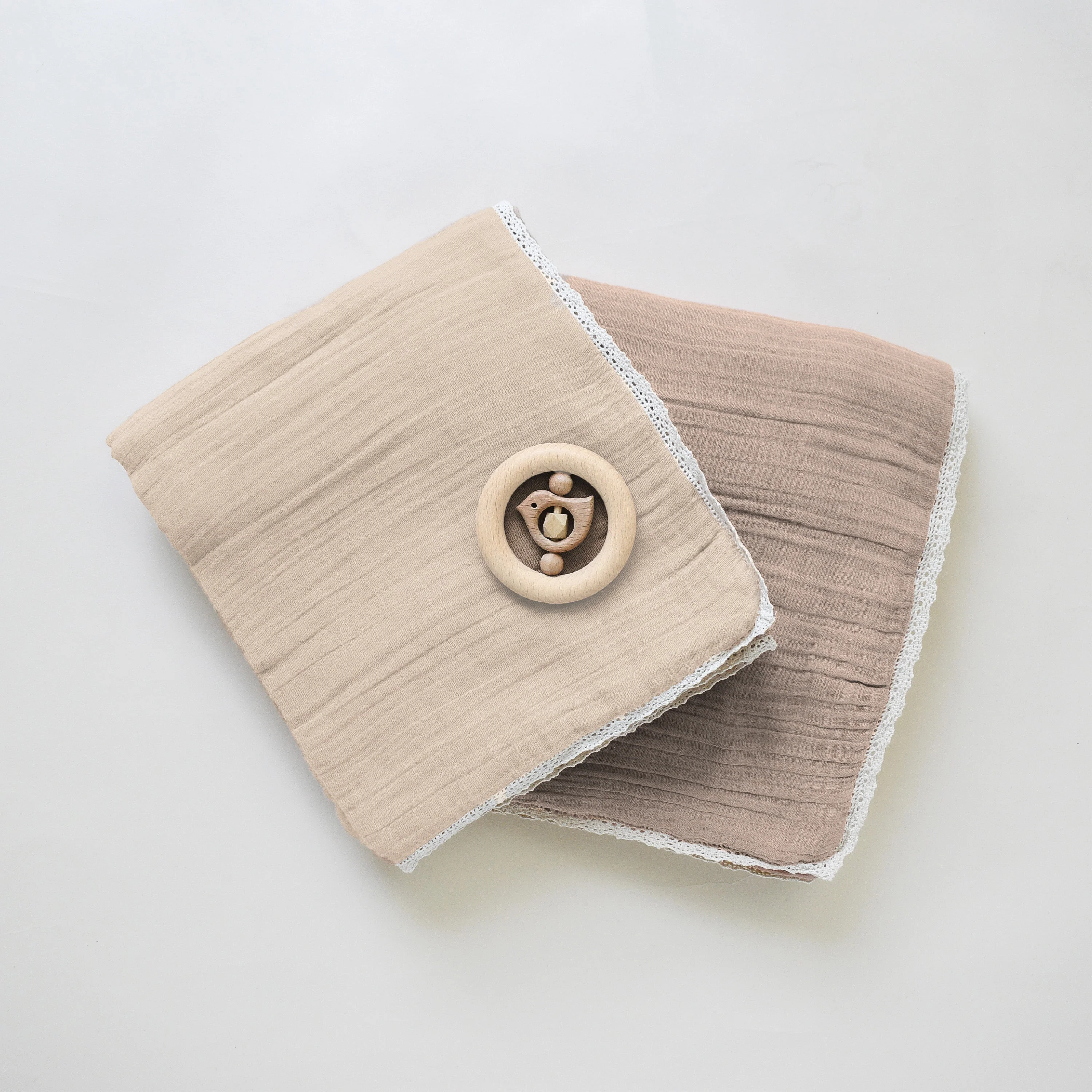 Organic Baby Blanket Muslin - Taupe + Natural Lace - Image 5