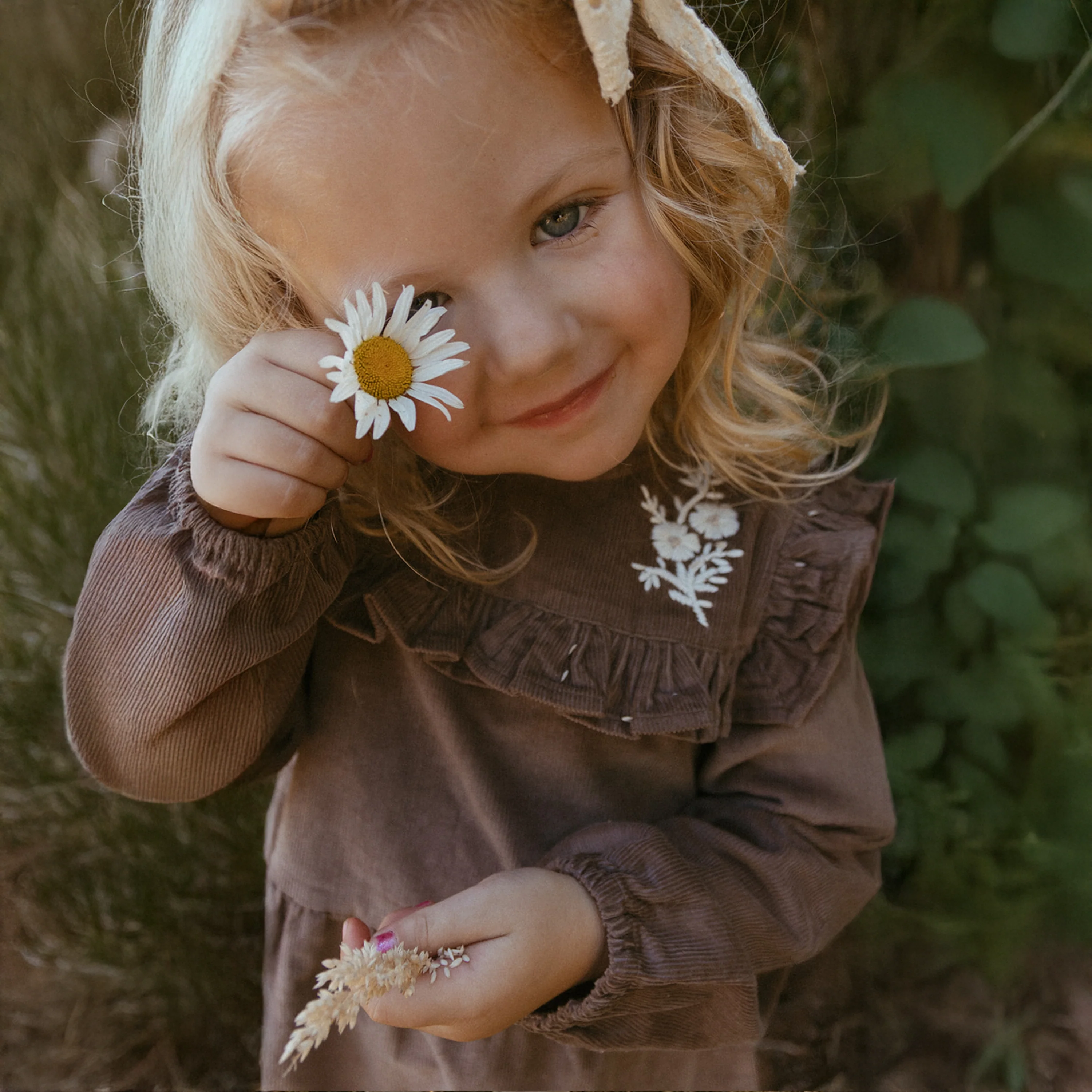 Organic Embroidered Corduroy Dress - Dark Brown