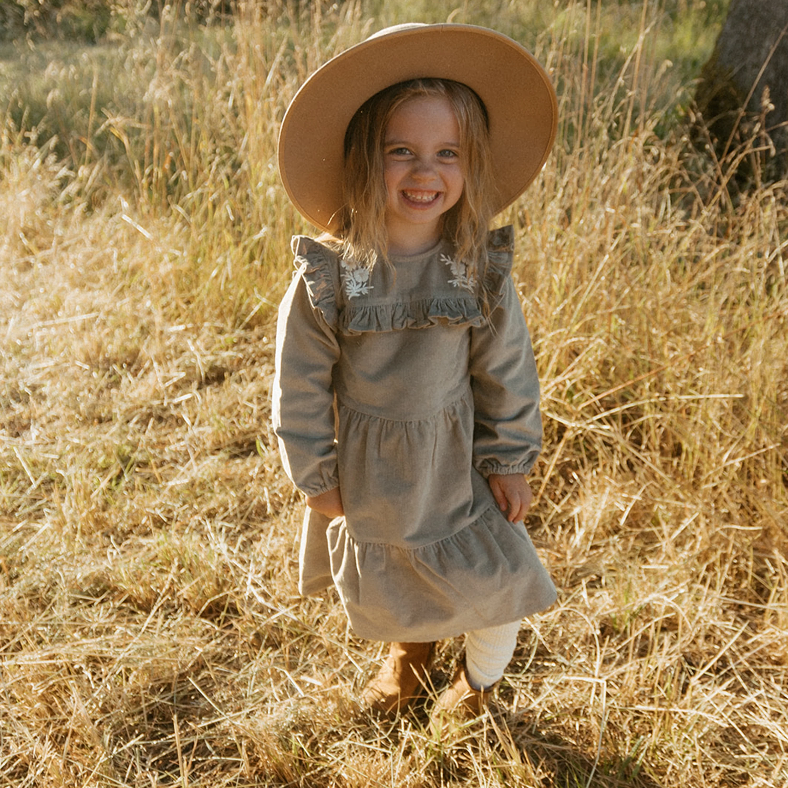Organic Embroidered Corduroy Dress - Olive
