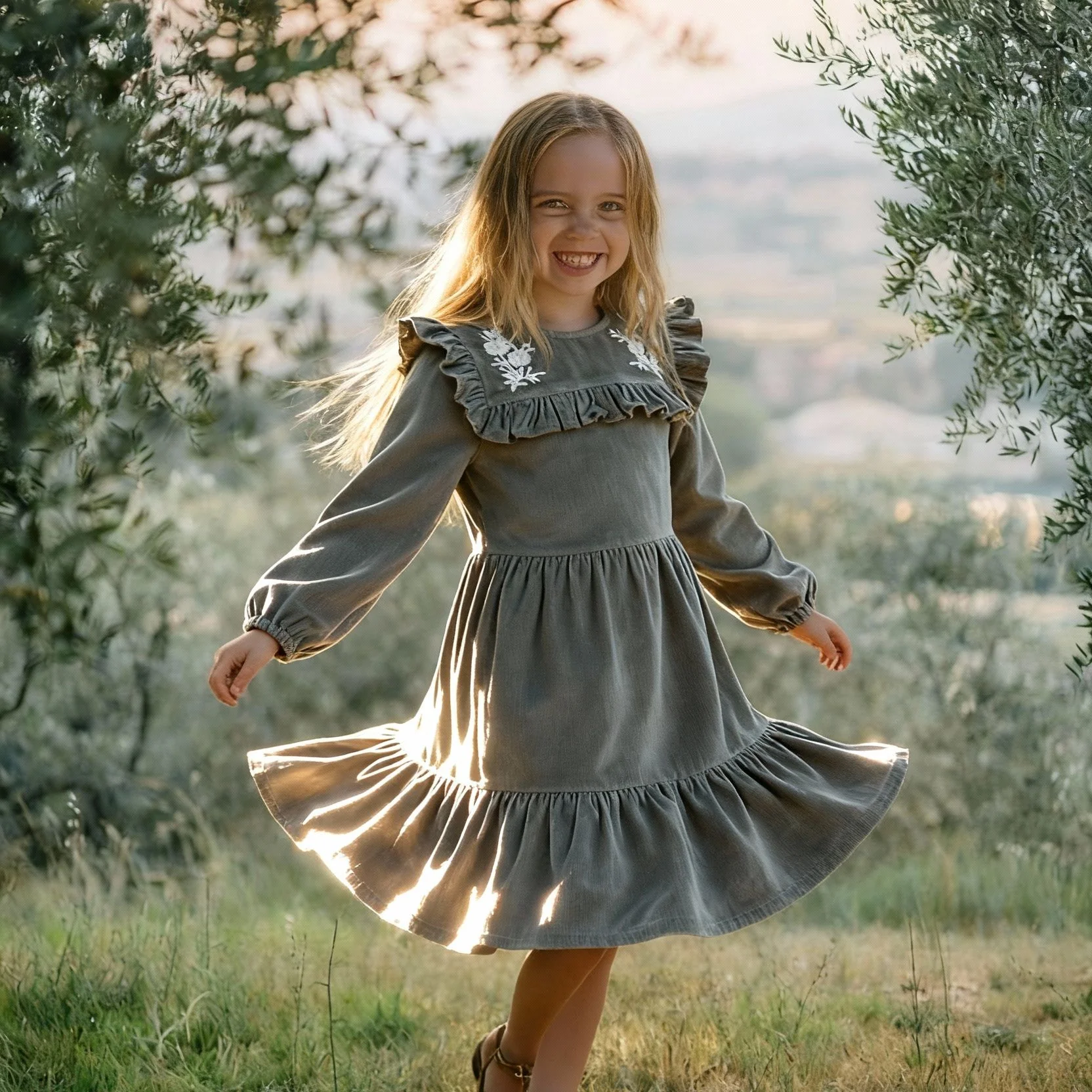 Organic Embroidered Corduroy Dress - Olive - Image 4
