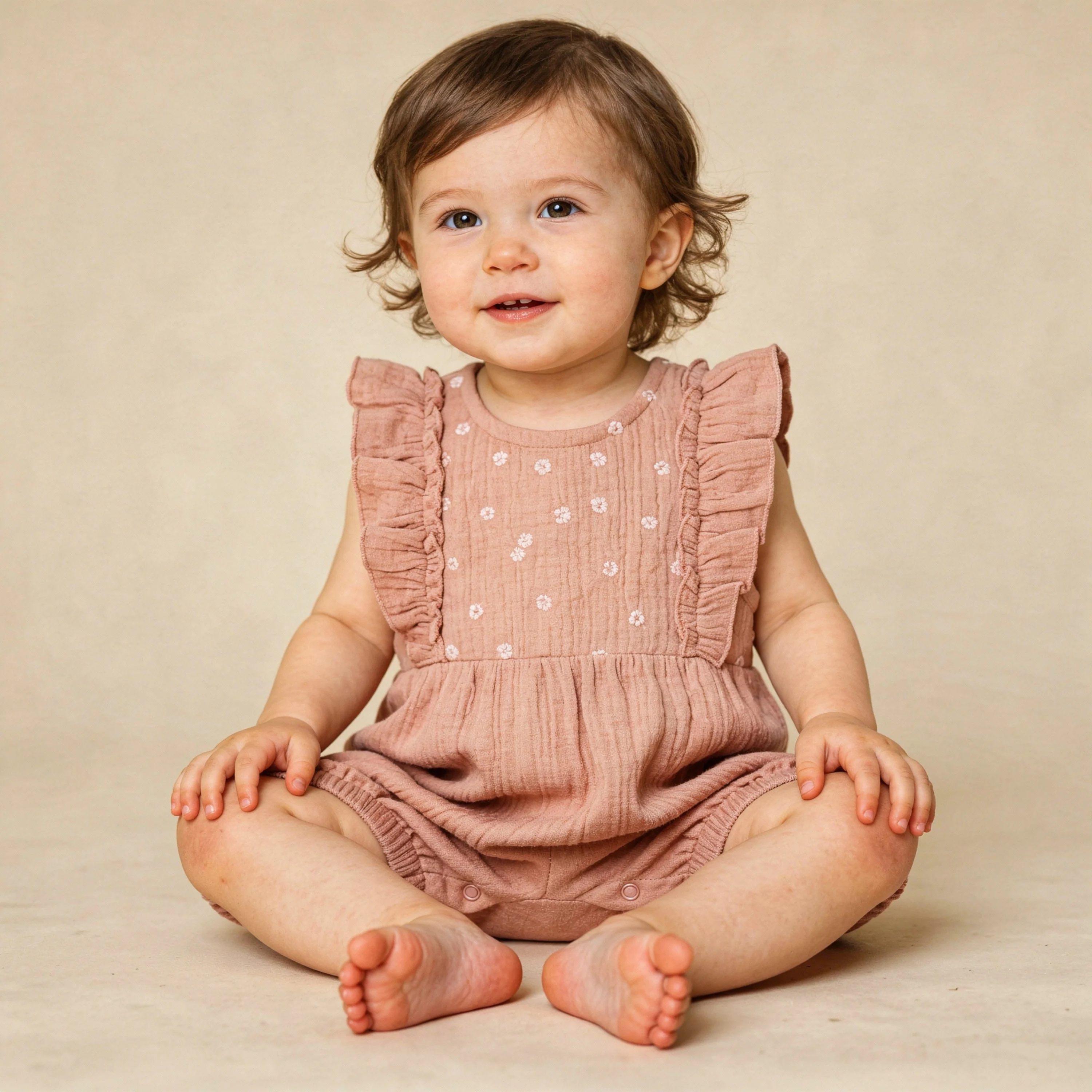 Organic Embroidered Ruffle Romper - Clay - Image 3