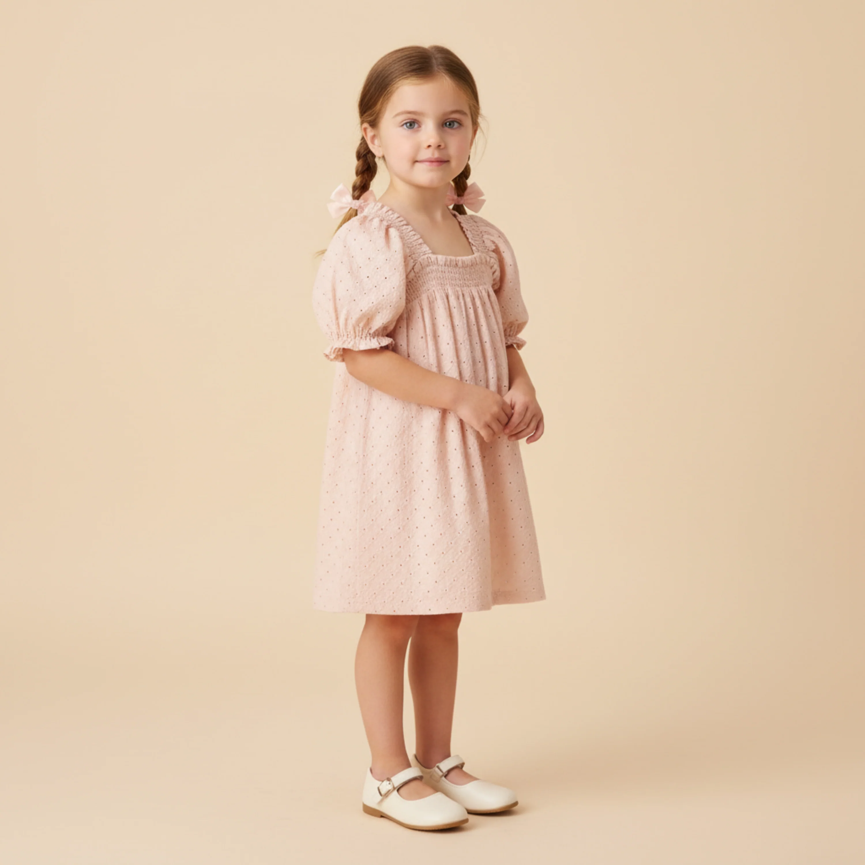 Organic Eyelet Bubble Sleeve Dress - Blush Eyelet - Image 3