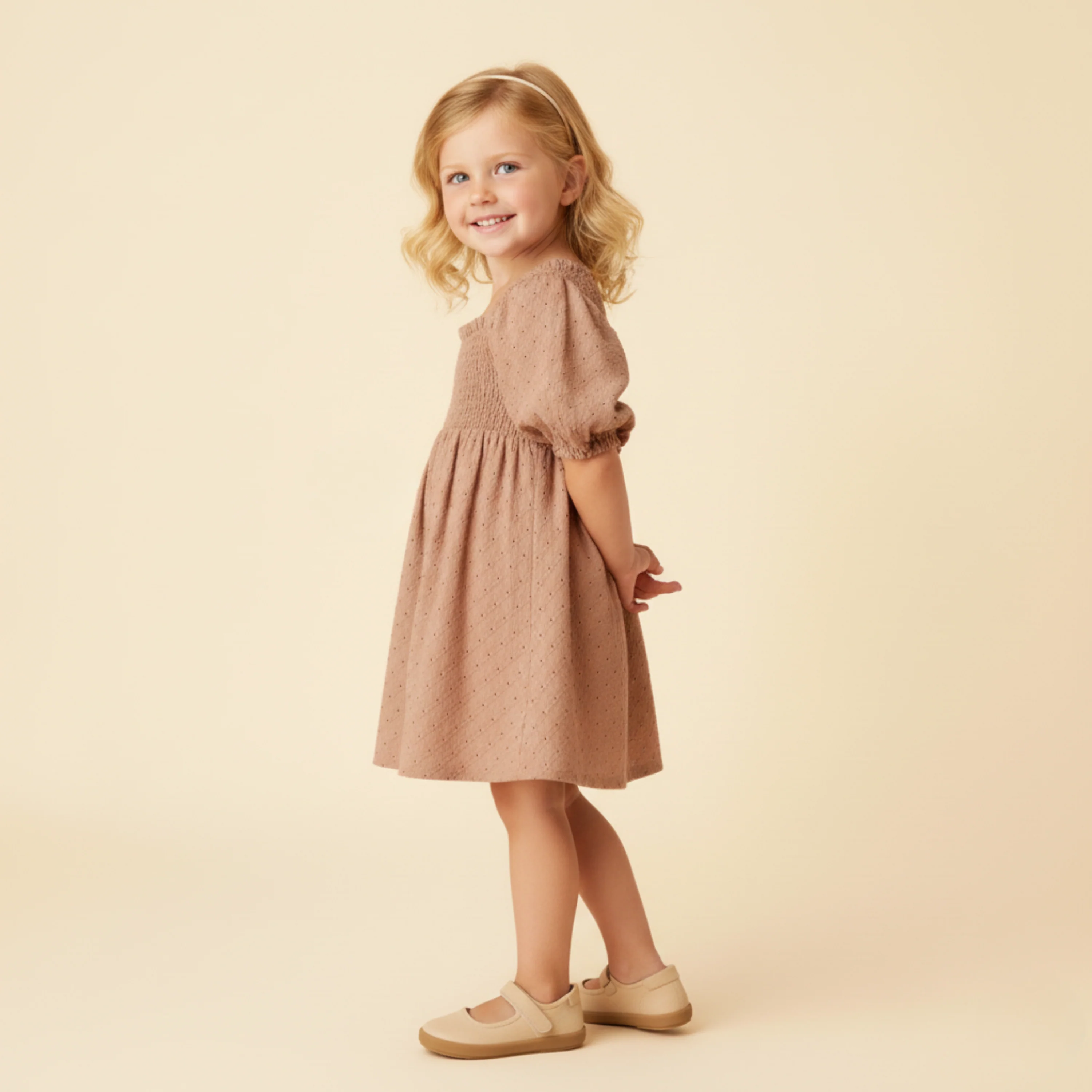 Organic Eyelet Bubble Sleeve Dress - Clay Eyelet - Image 3