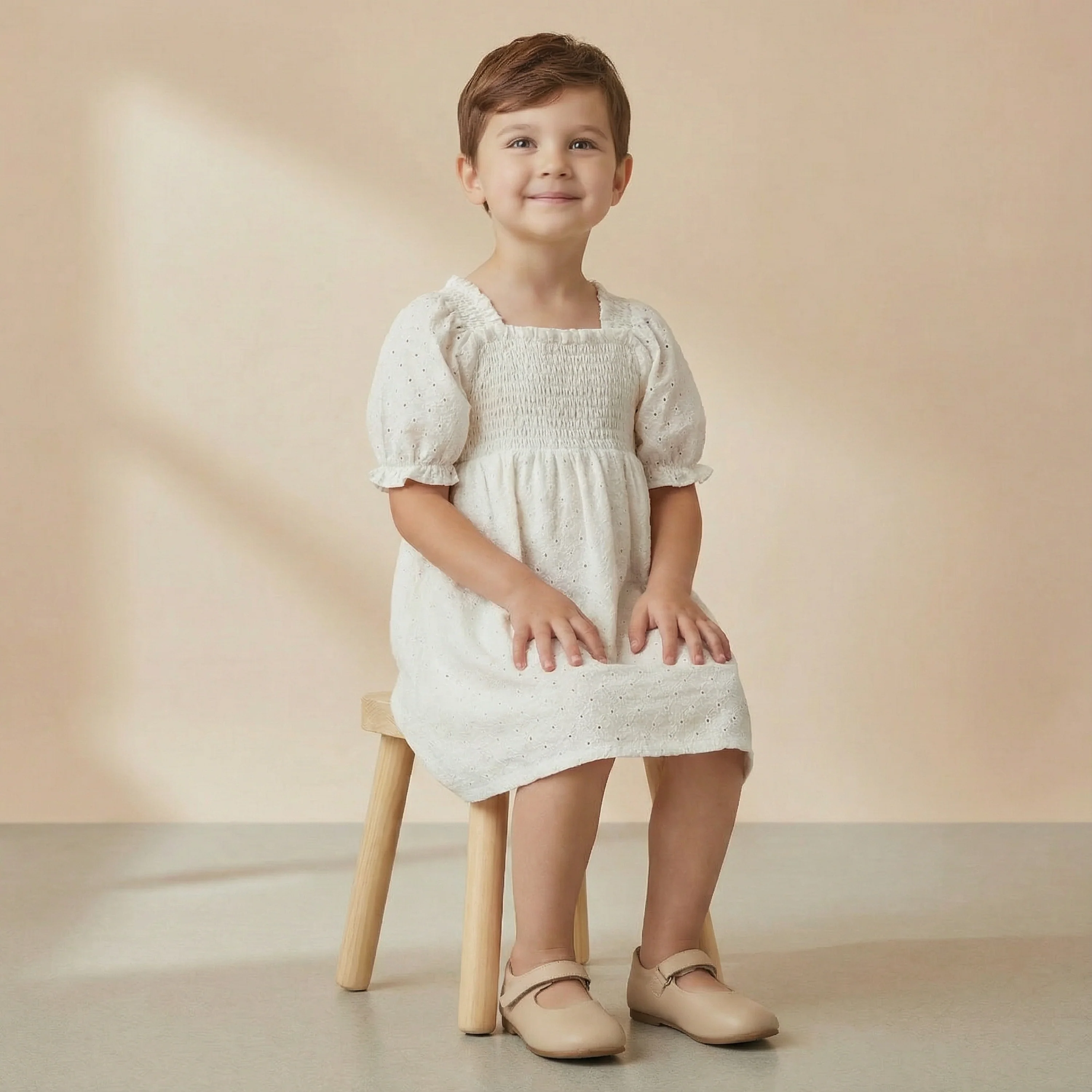 Organic Eyelet Bubble Sleeve Dress - Ivory Eyelet - Image 3
