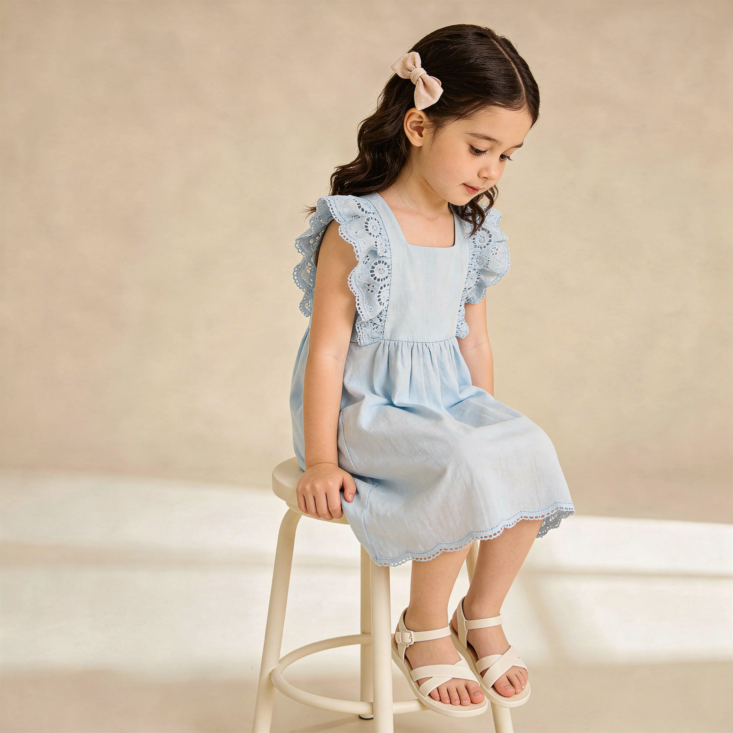 Organic Eyelet Flutter Dress - Light Blue Eyelet - Image 3