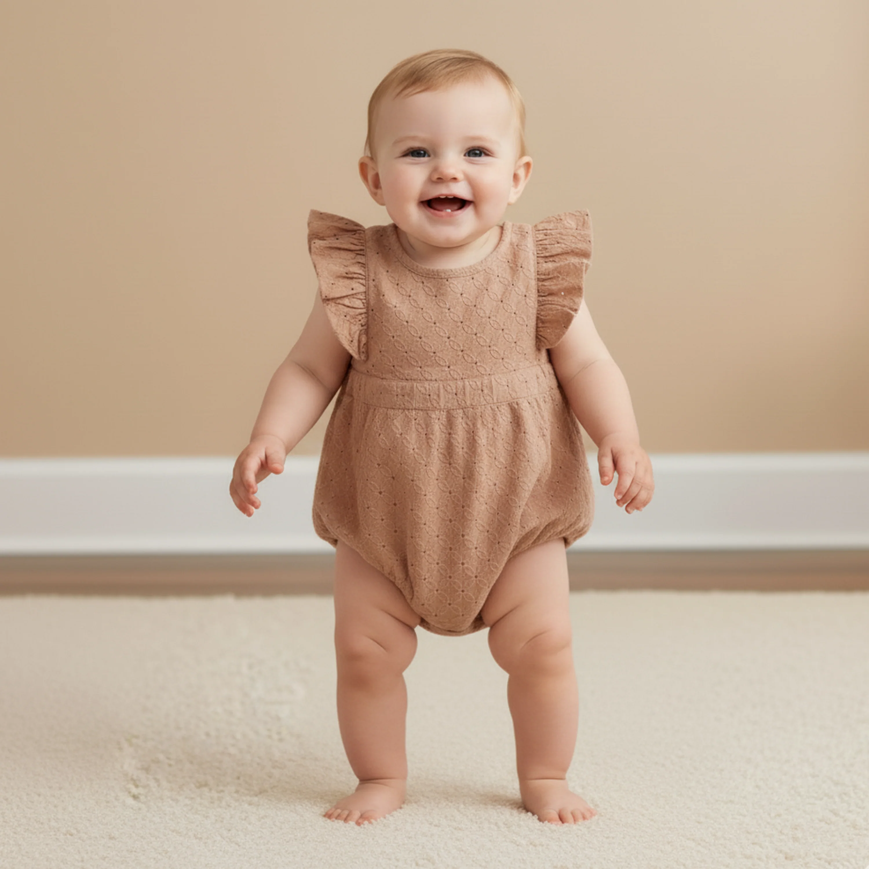 Organic Eyelet Flutter Romper - Clay Eyelet - Image 4