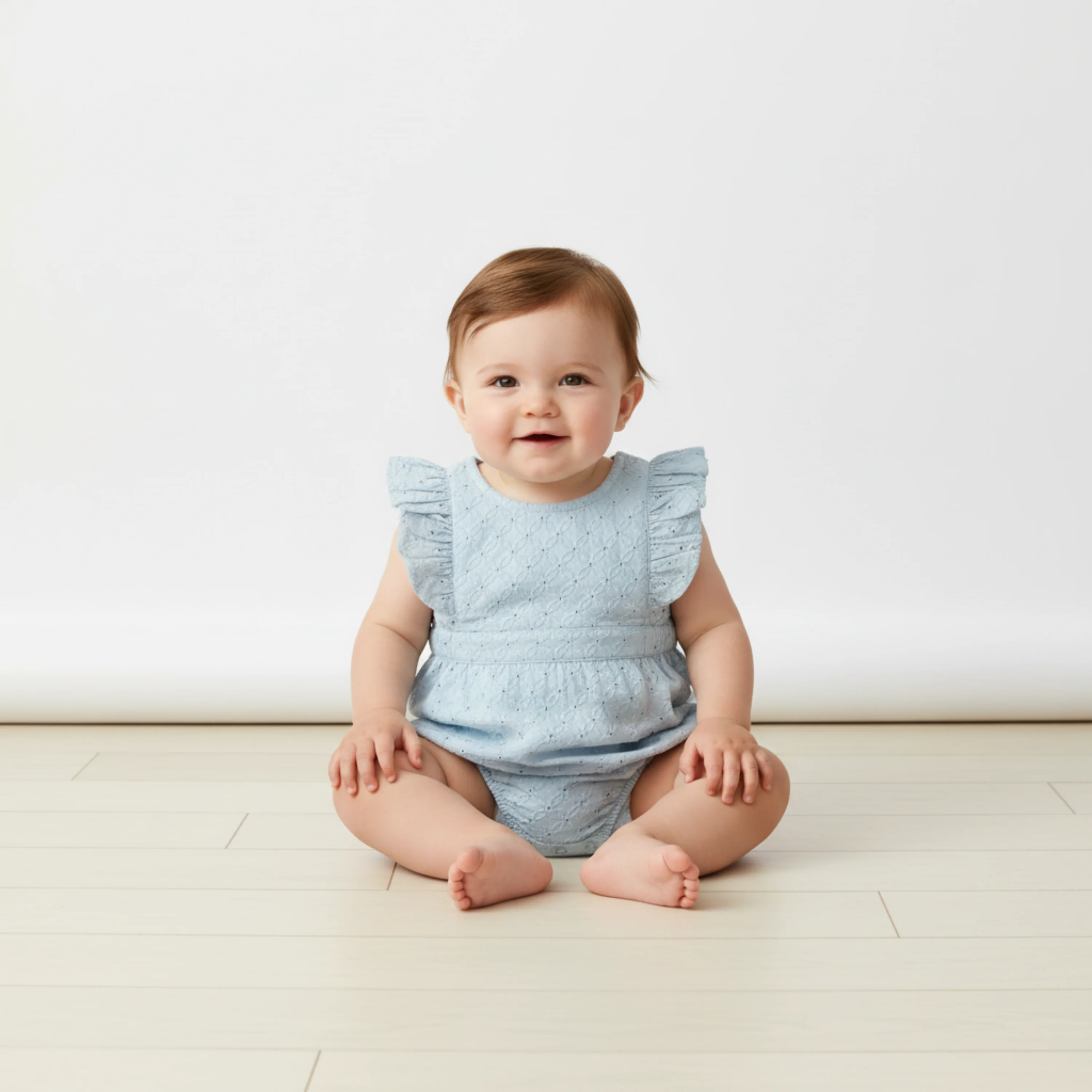 Organic Eyelet Flutter Romper - Light Blue Eyelet - Image 3
