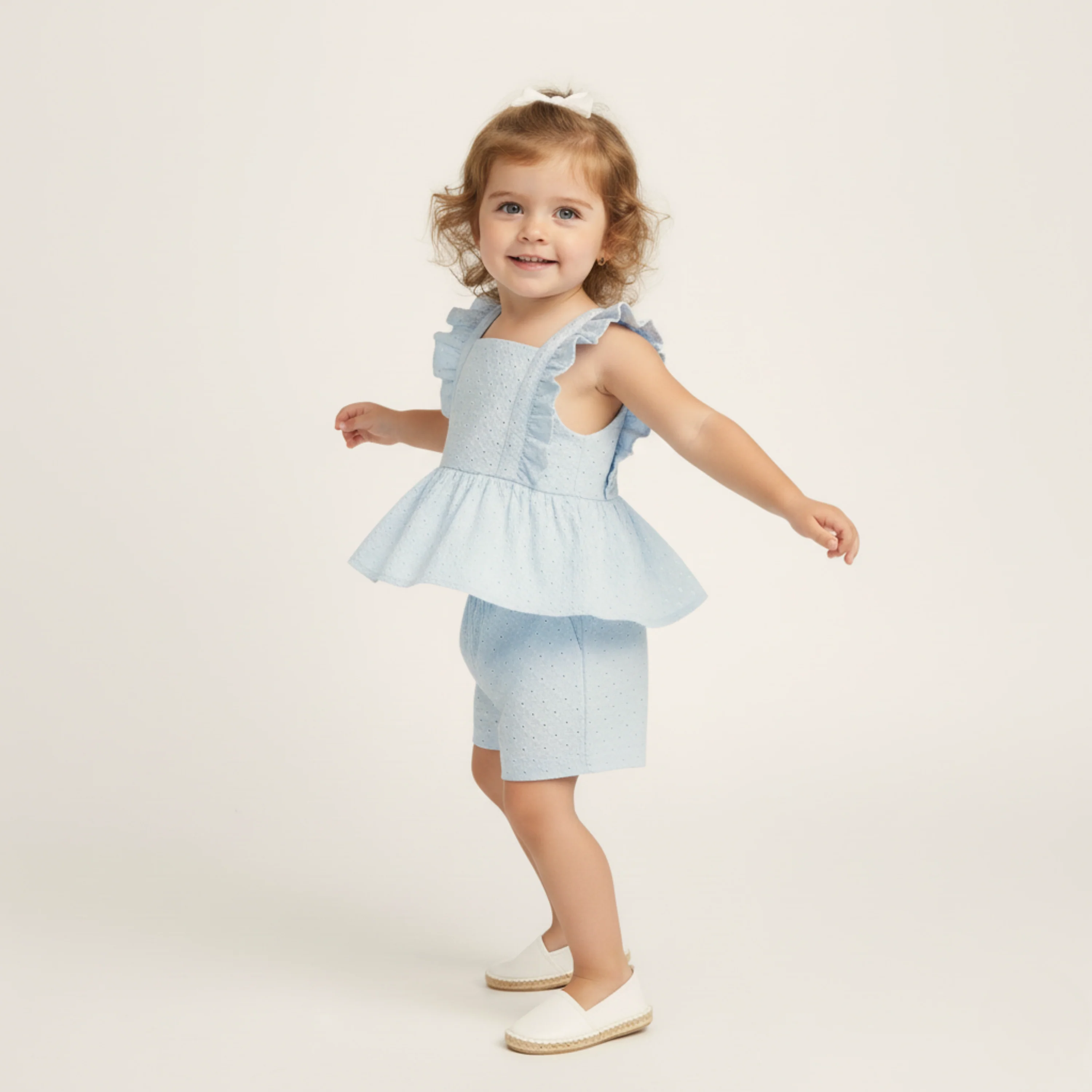 Organic Eyelet Flutter Top And Shorts Set - Light Blue Eyelet - Image 3