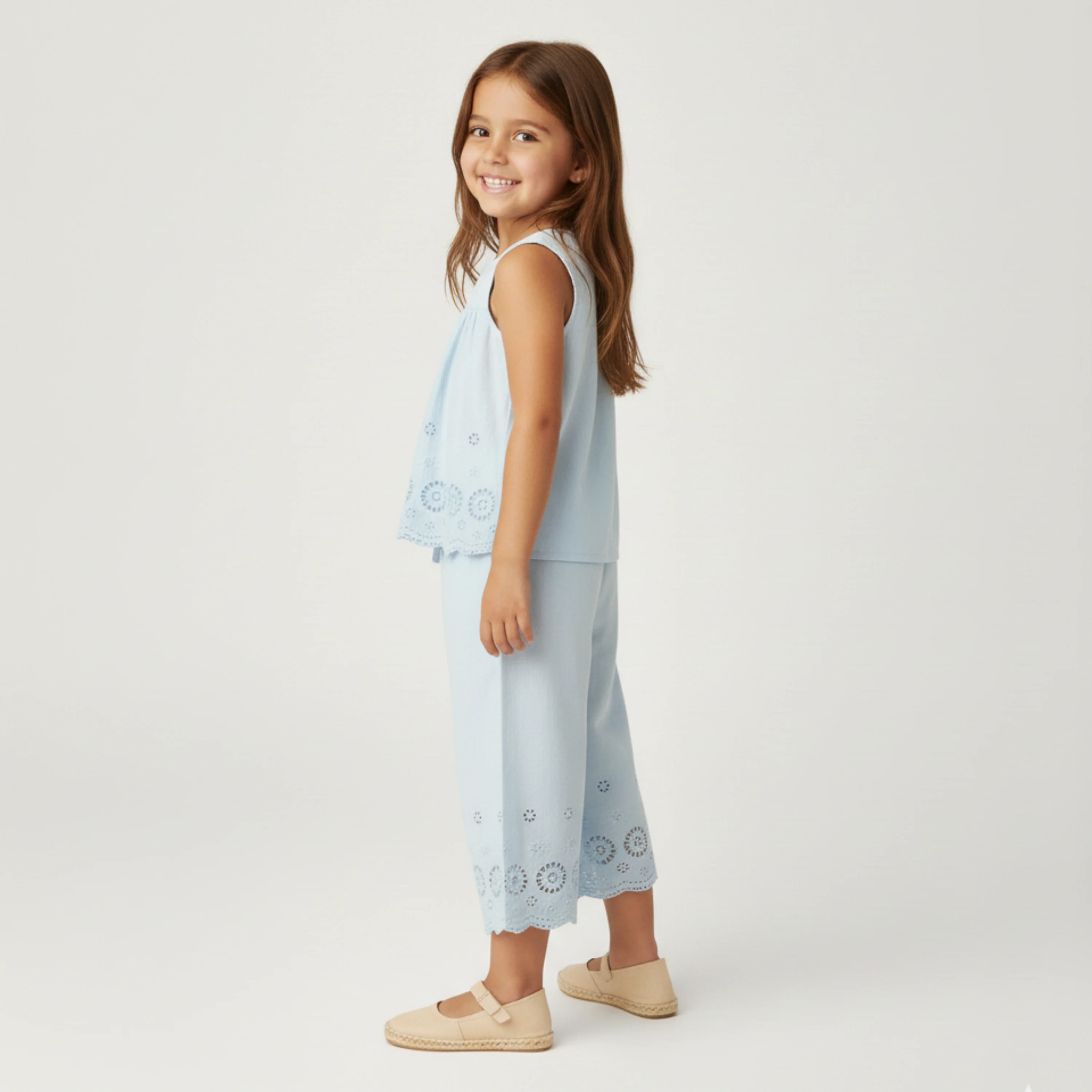 Organic Eyelet Top And Pant Set - Light Blue Eyelet - Image 3