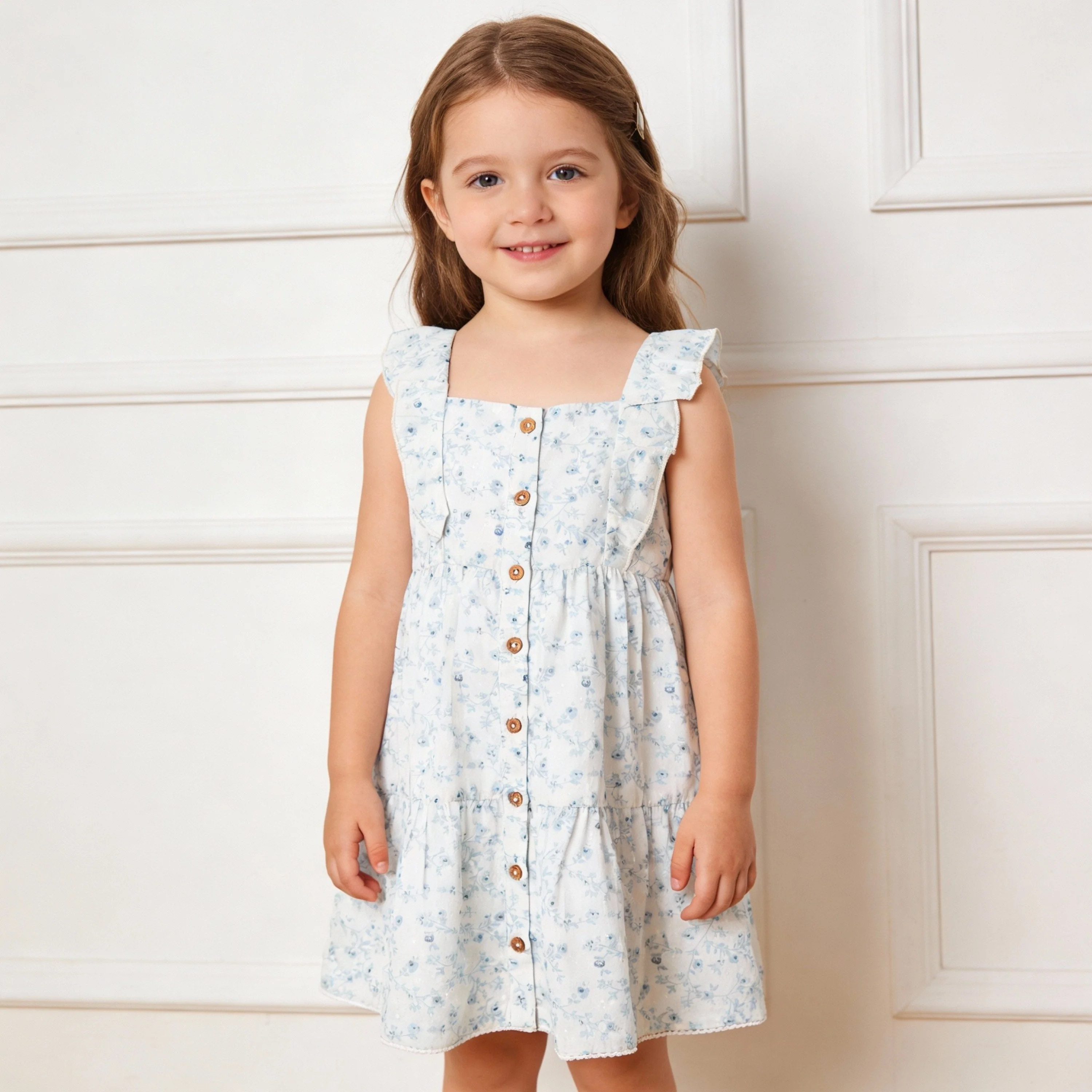 Organic Flutter Buttoned Tiered Dress - Ivy Floral - Image 3