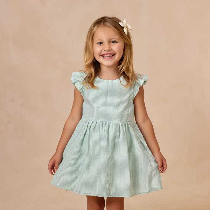 Organic Flutter Summer Dress - Green Stripes - Image 4