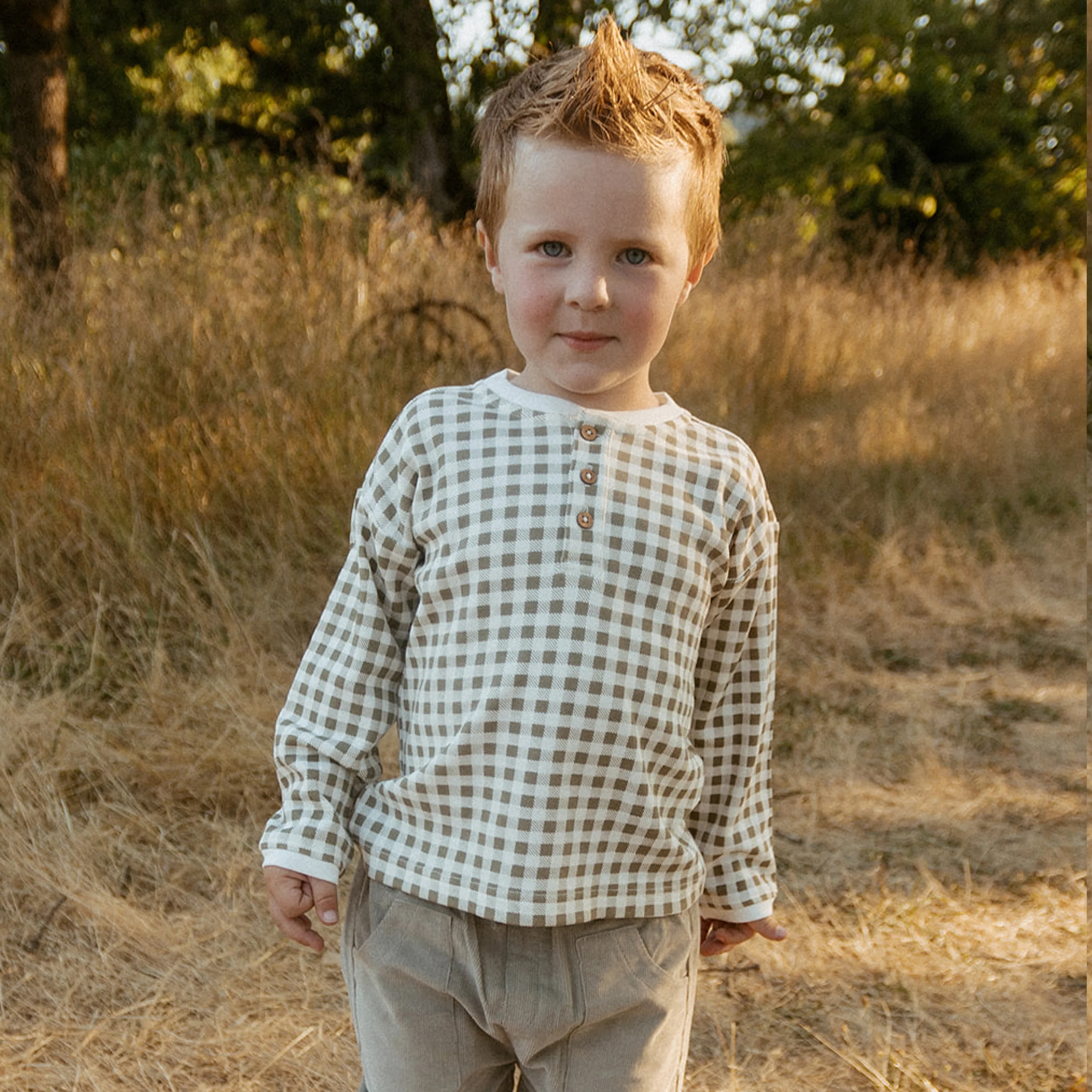 Organic Henley Tee - Olive Gingham