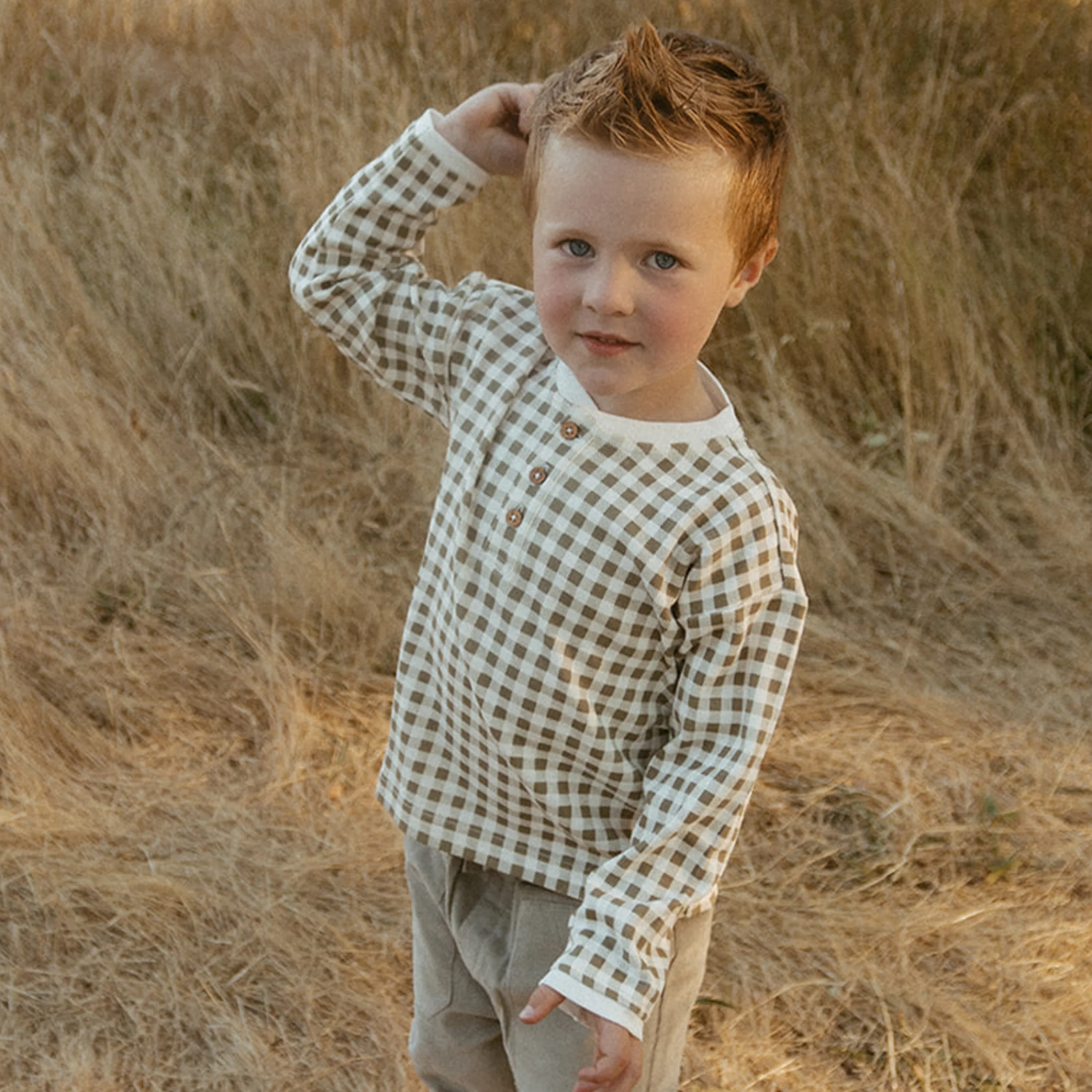 Organic Henley Tee - Olive Gingham - Image 3