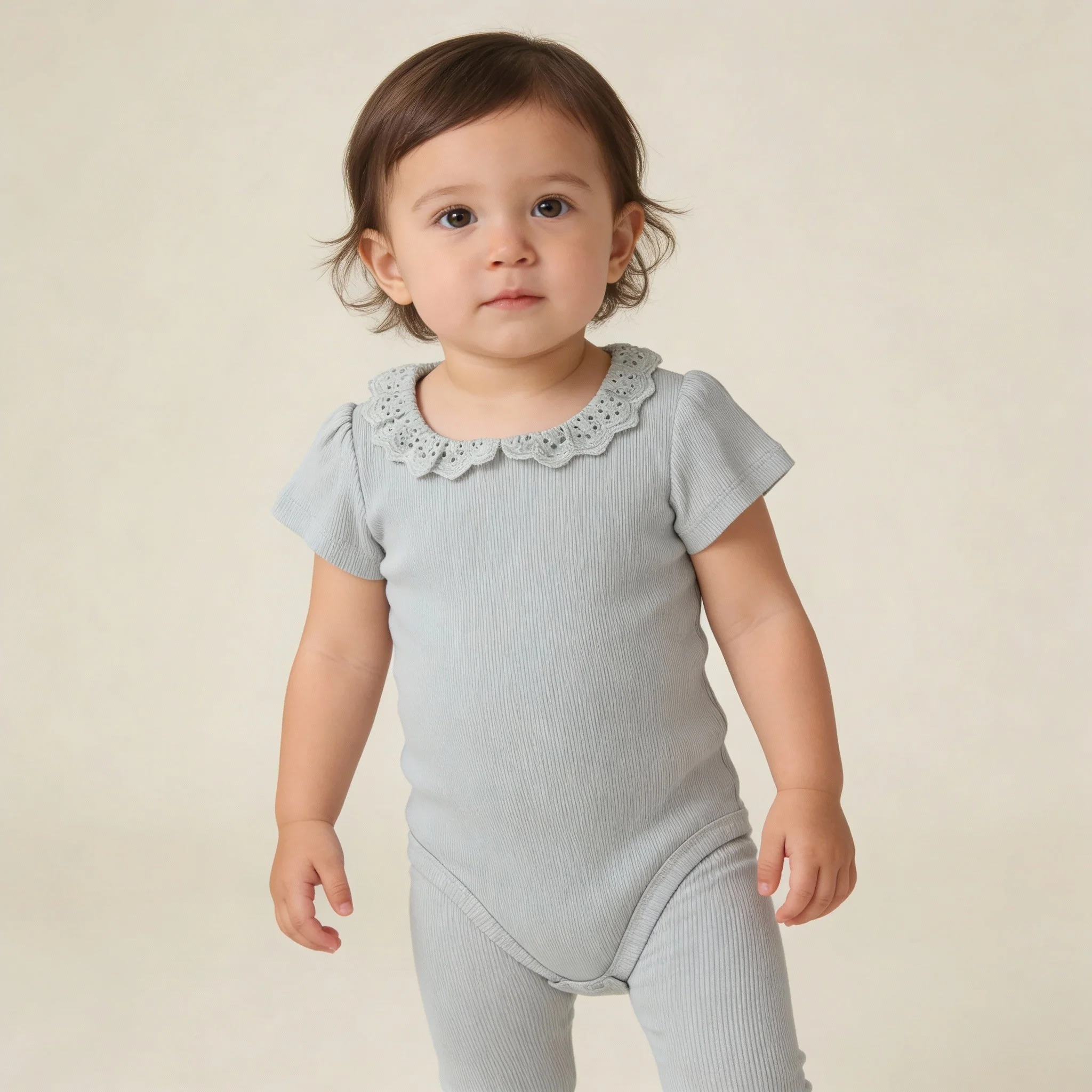 Organic Lace Collar Onesie & Tights Set - Fog - Image 3