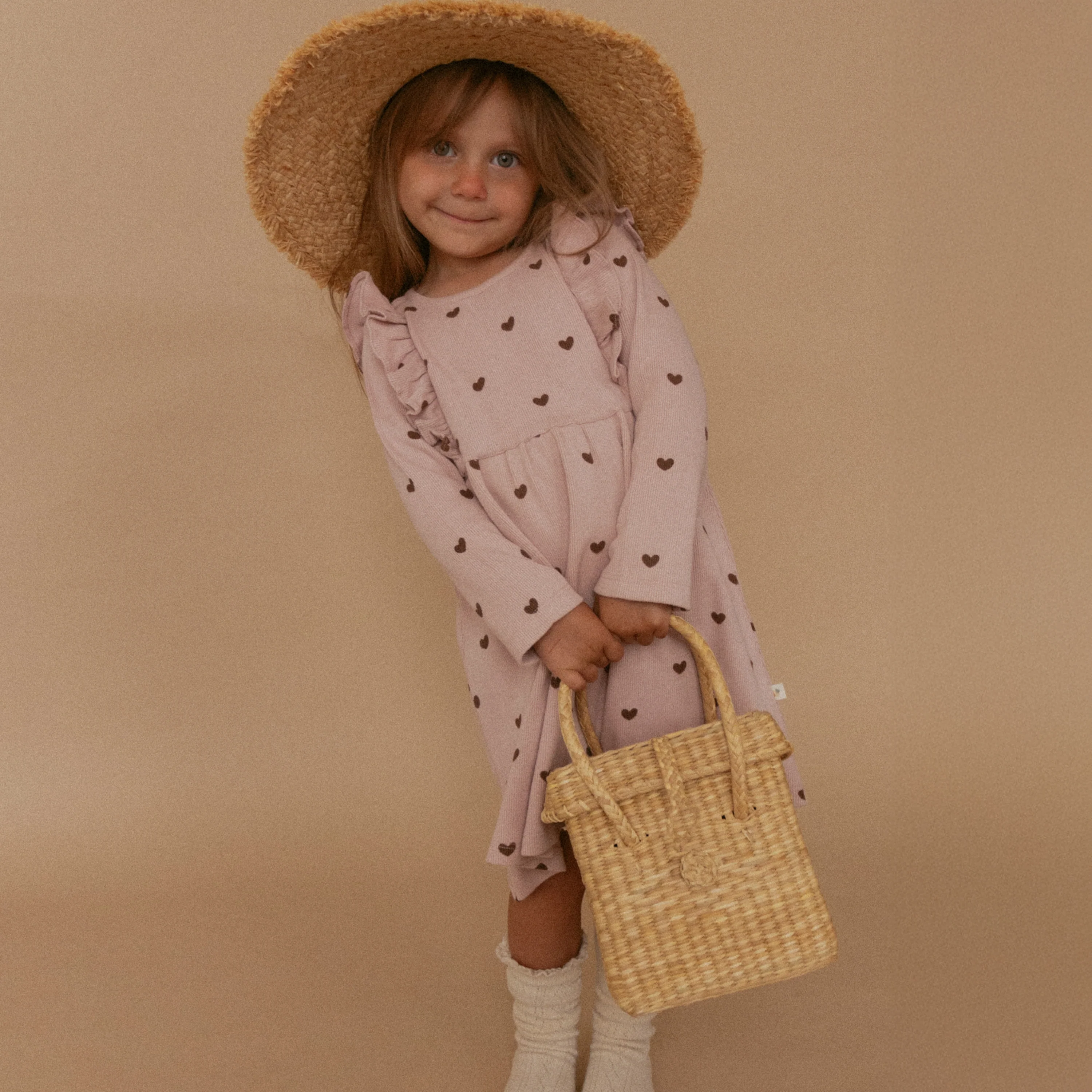 Organic Long Sleeve Ruffle Dress - Hearts