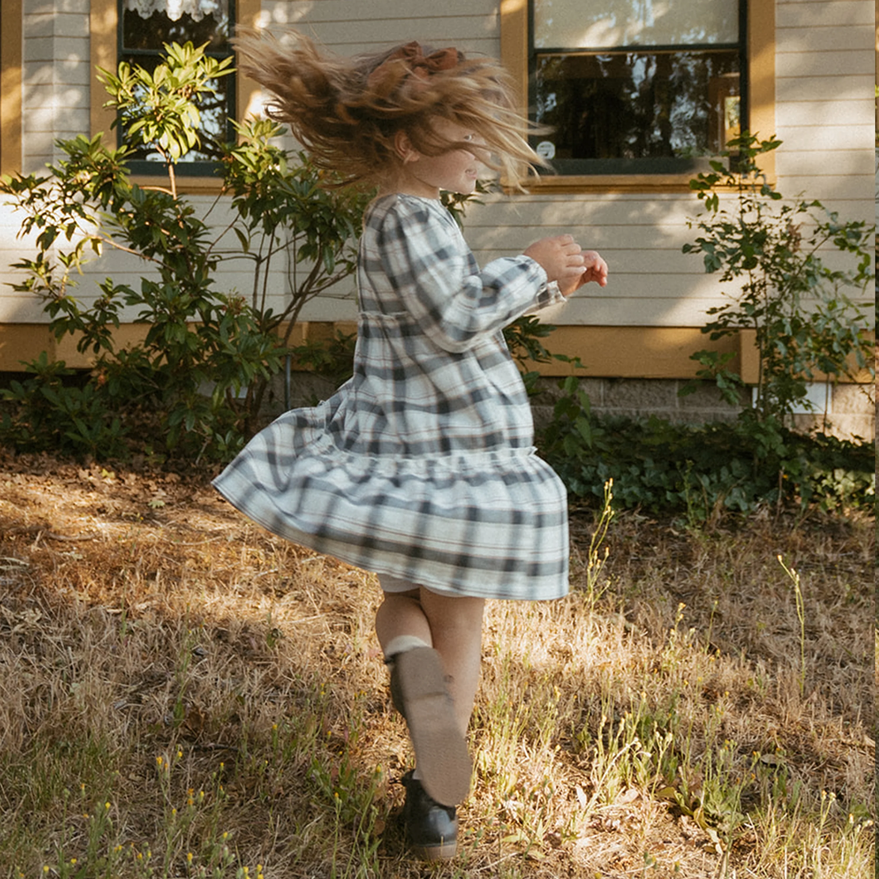 Organic Long Sleeve Tiered Dress - Plaid Checks - Image 3