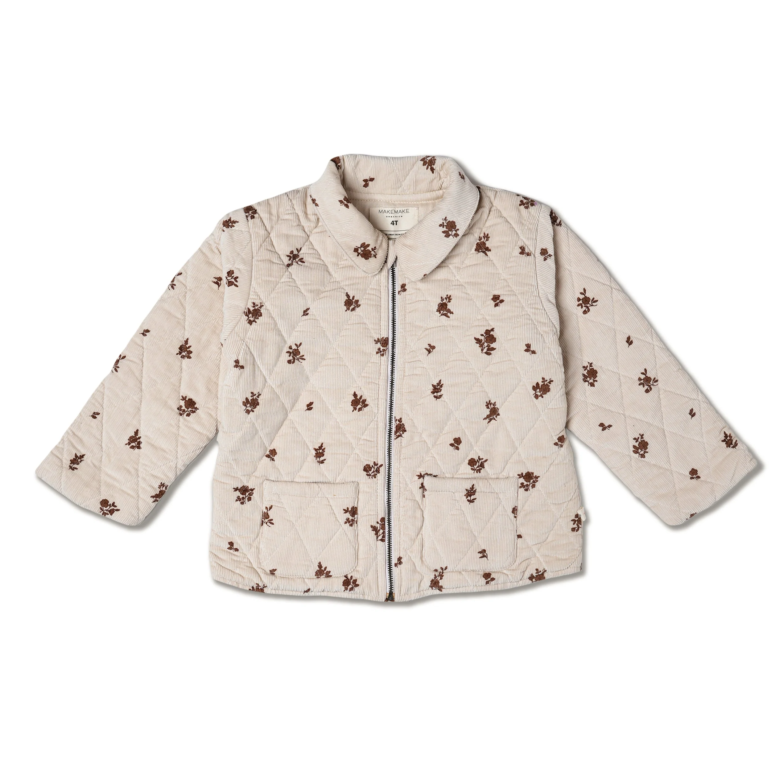 Organic Quilted Corduroy Zipper Jacket - Brown Floral - Image 2
