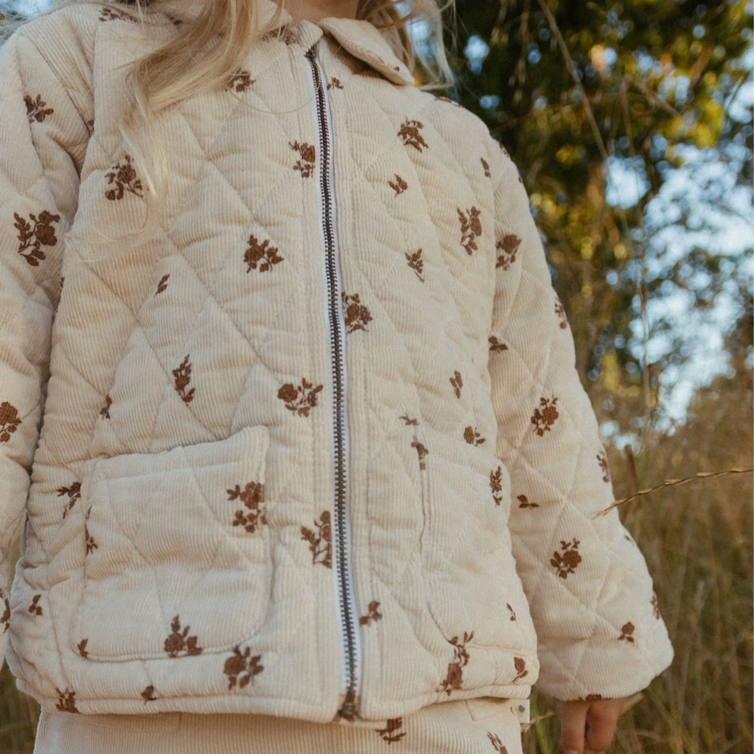 Organic Quilted Corduroy Zipper Jacket - Brown Floral - Image 3