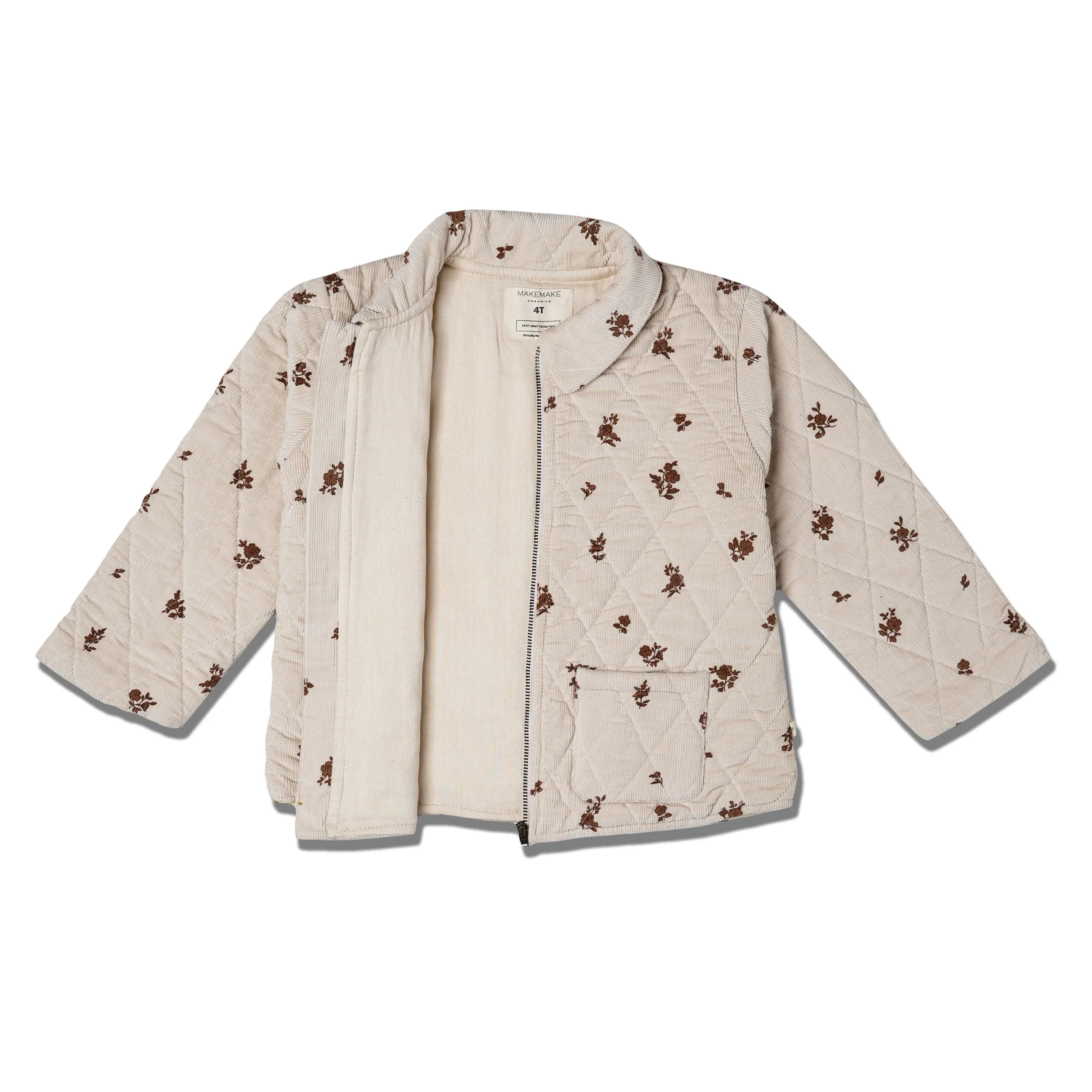 Organic Quilted Corduroy Zipper Jacket - Brown Floral - Image 4