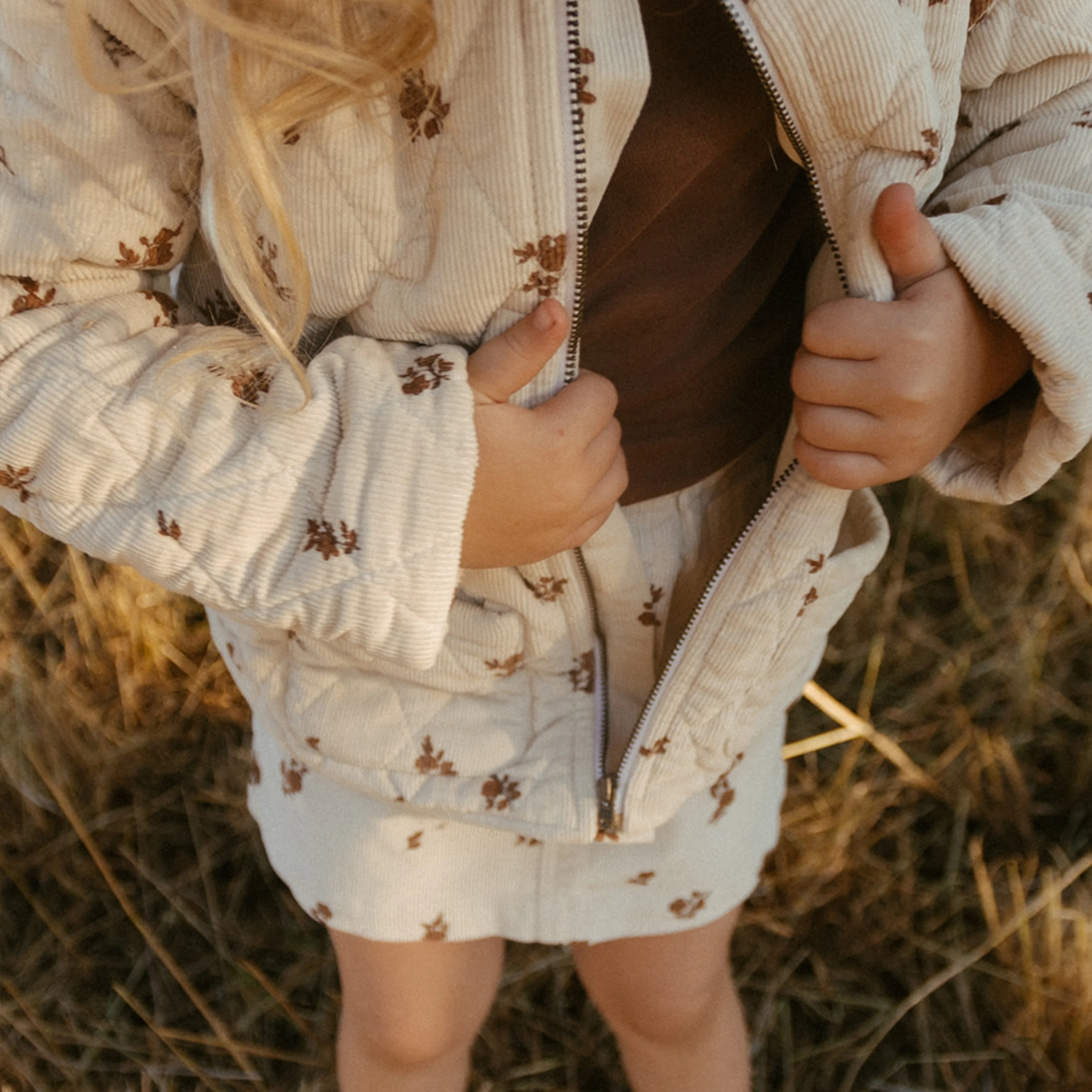 Organic Quilted Corduroy Zipper Jacket - Brown Floral - Image 5
