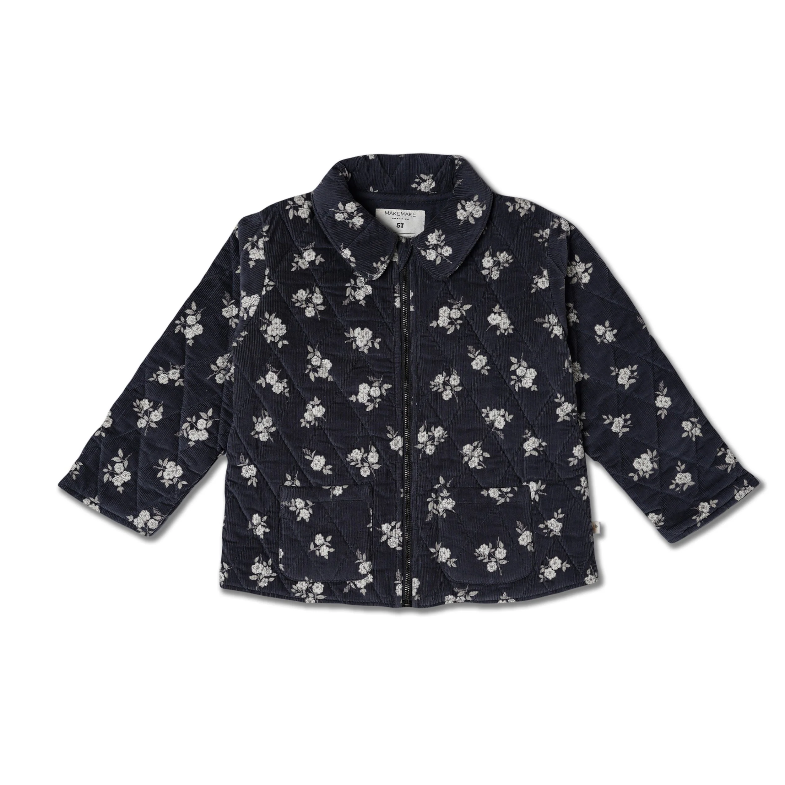 Organic Quilted Corduroy Zipper Jacket - Navy Bloom - Image 2