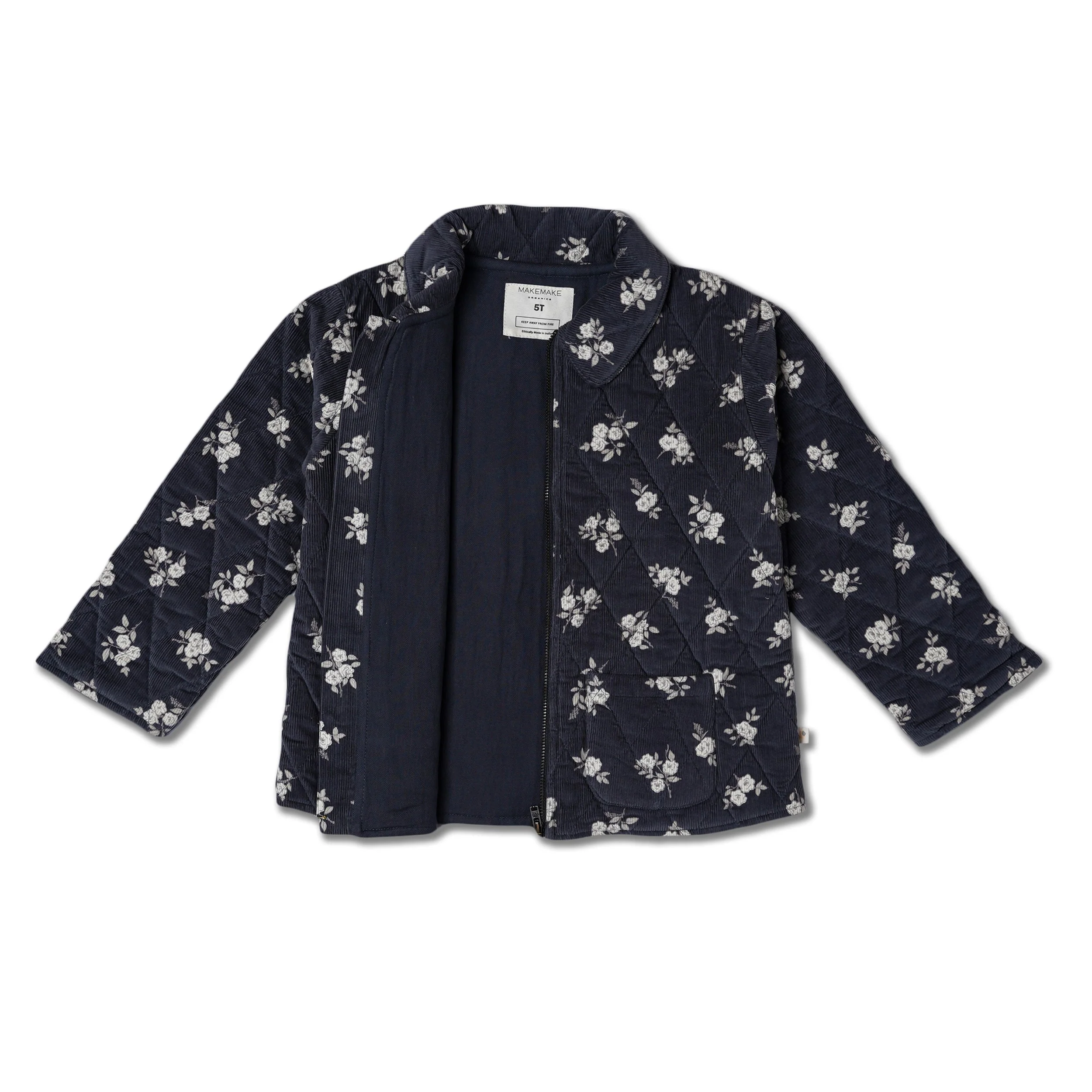 Organic Quilted Corduroy Zipper Jacket - Navy Bloom - Image 4