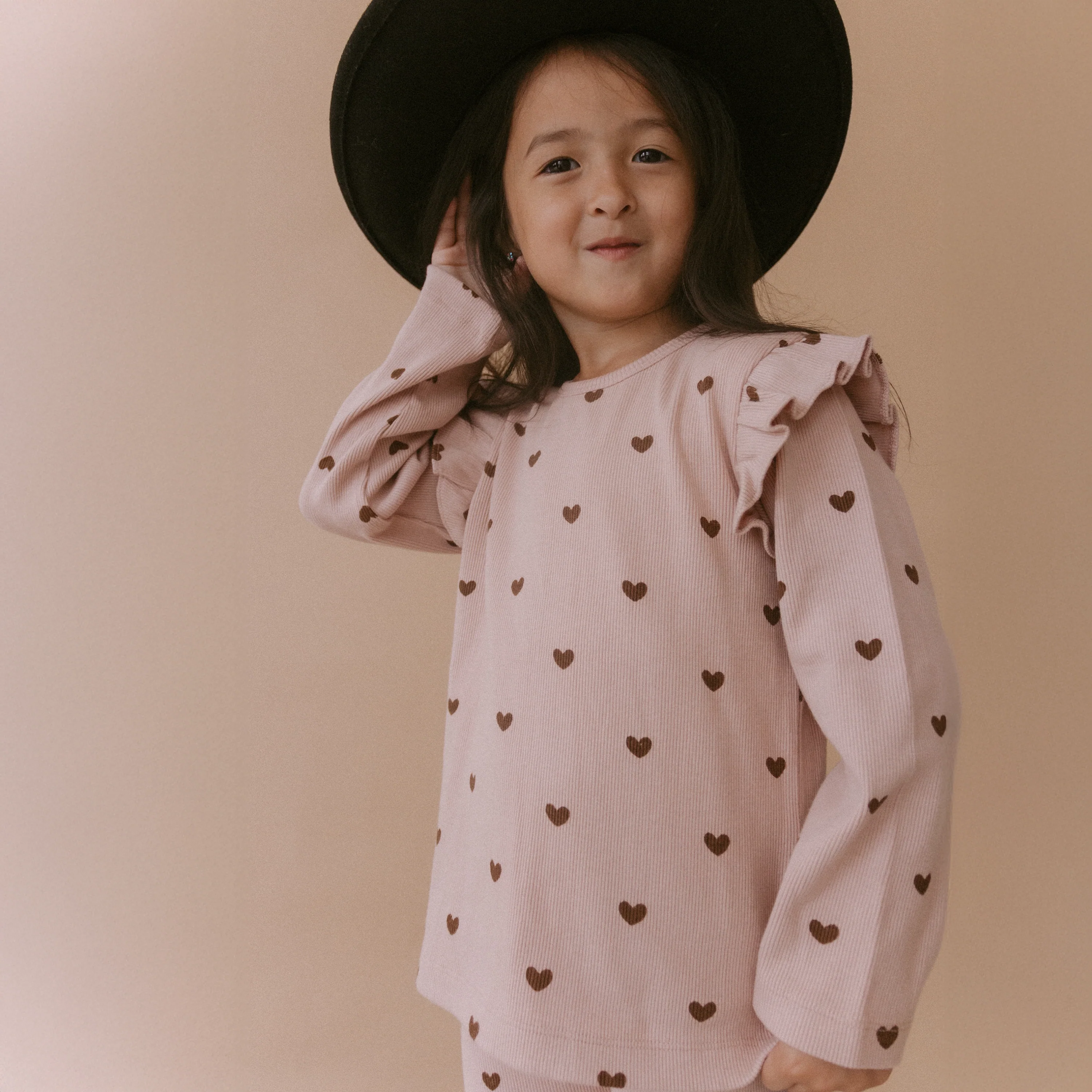 Organic Ruffle Long Sleeve Top Set of 2 - Hearts + Dusty Rose