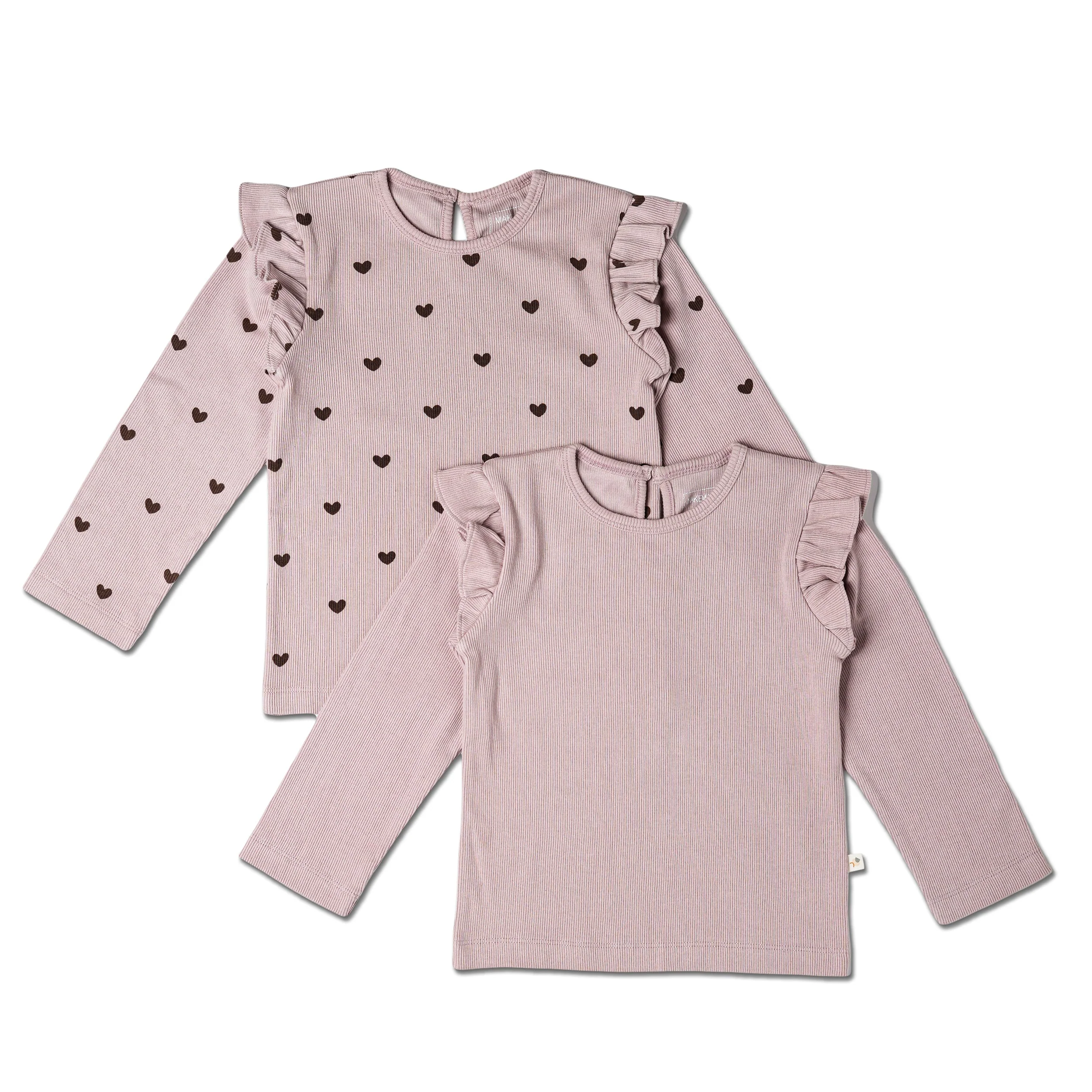 Organic Ruffle Long Sleeve Top Set of 2 - Hearts + Dusty Rose - Image 2