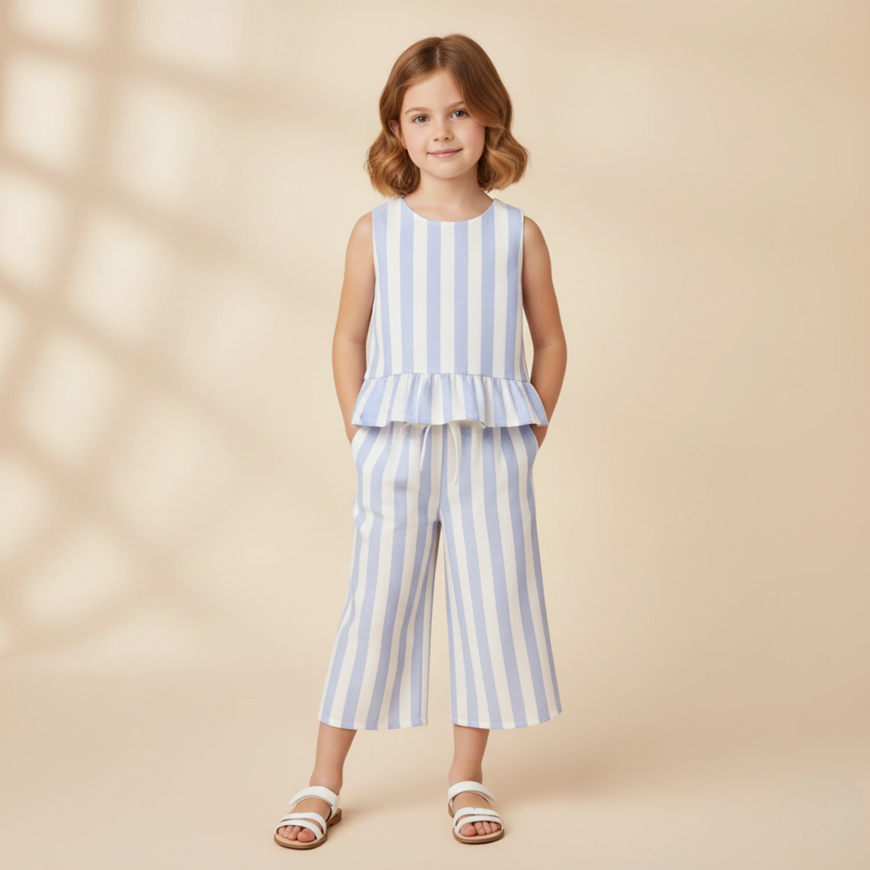 Organic Ruffle Top & Pants Set - Blue Stripes