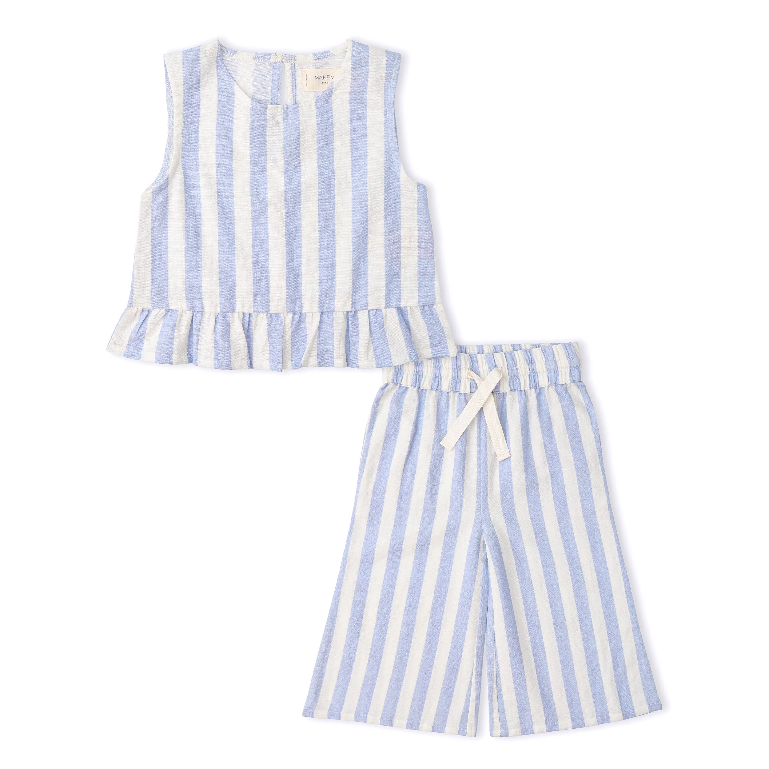 Organic Ruffle Top & Pants Set - Blue Stripes - Image 2