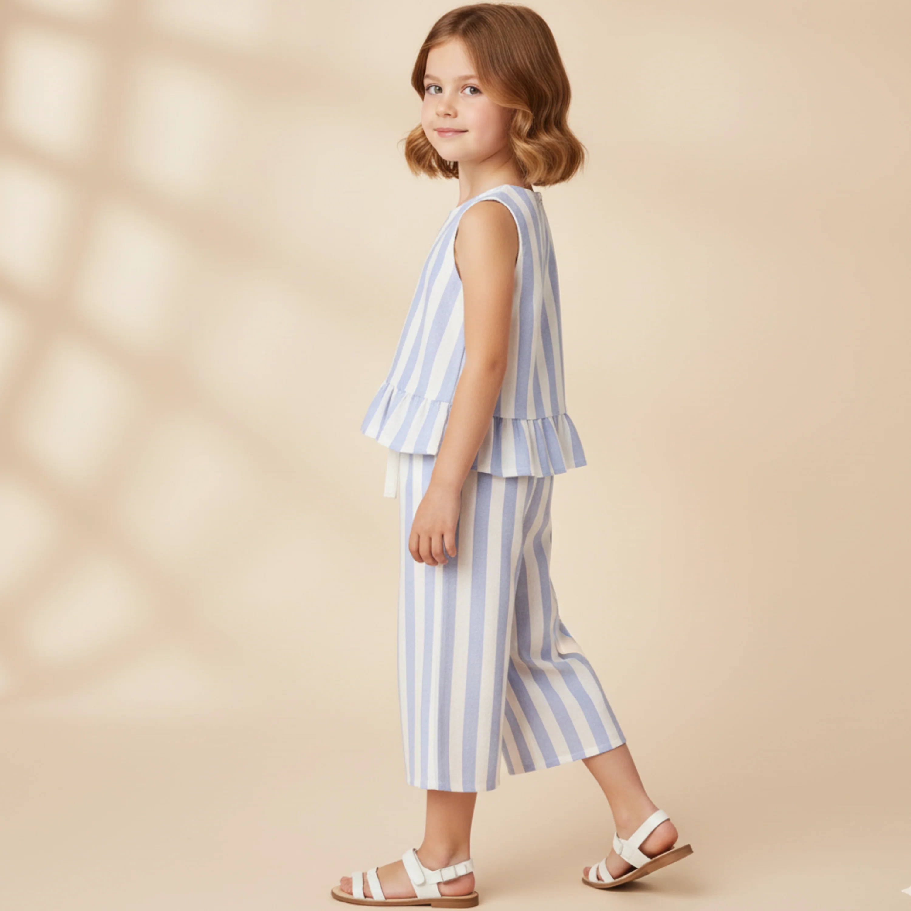 Organic Ruffle Top & Pants Set - Blue Stripes - Image 3