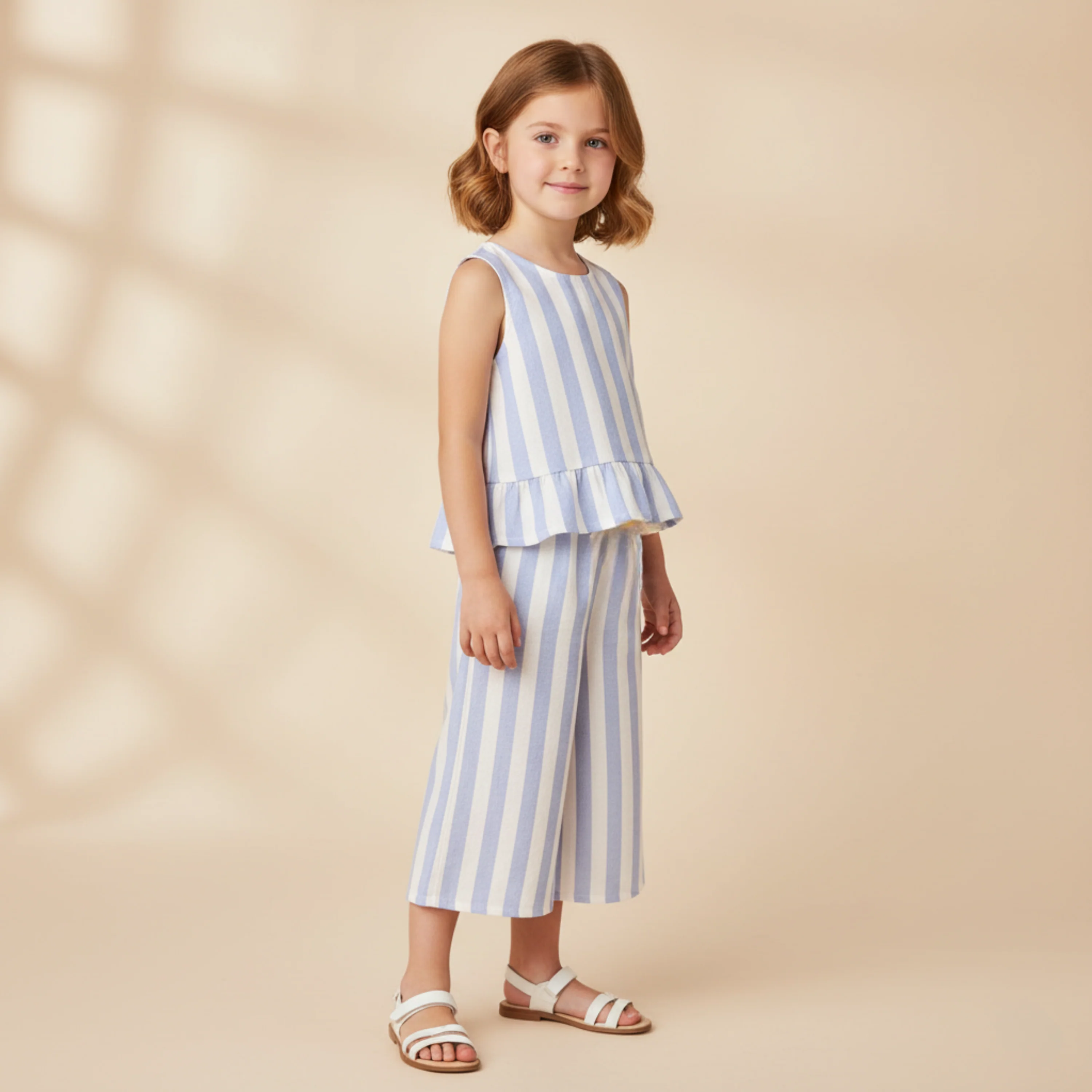 Organic Ruffle Top & Pants Set - Blue Stripes - Image 4