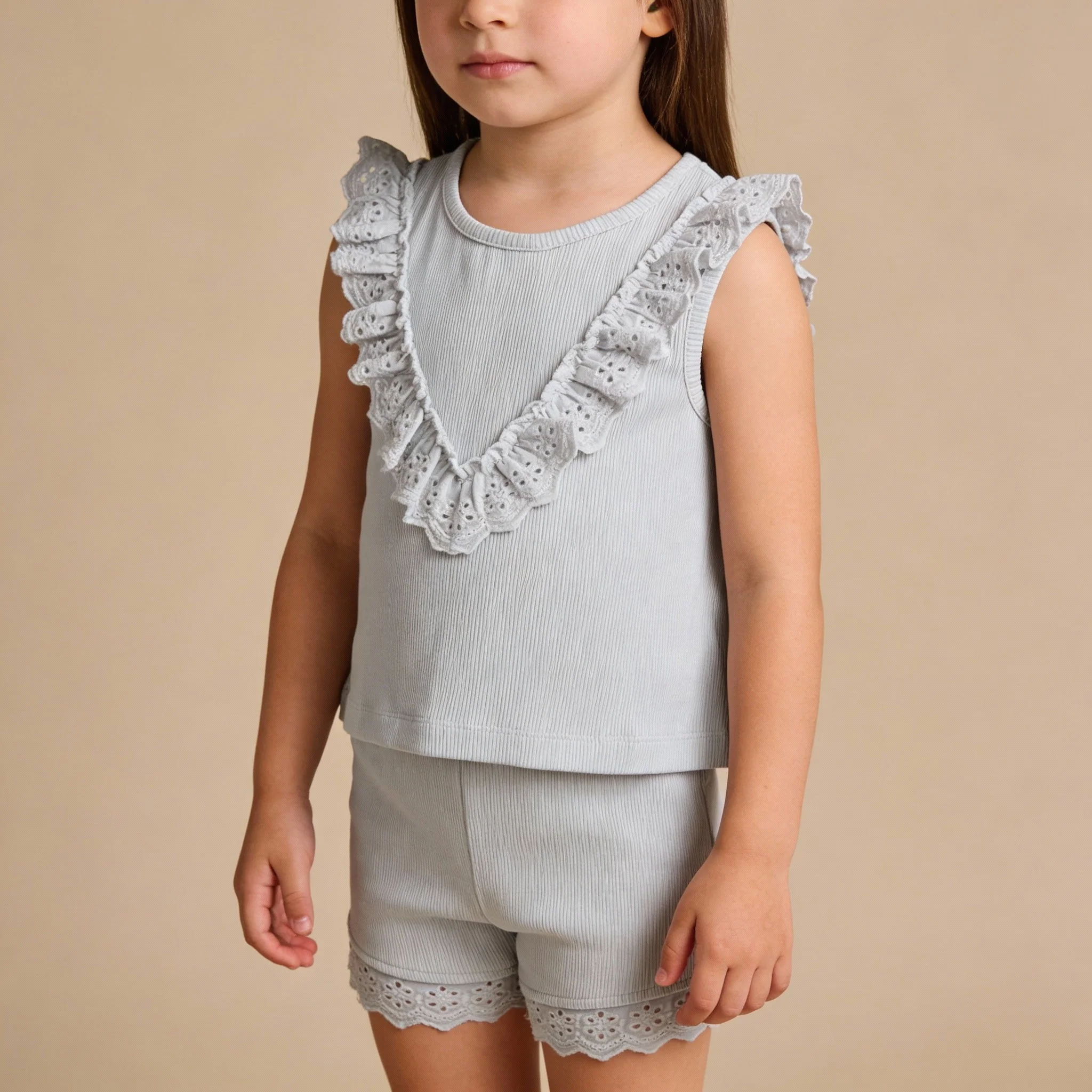 Organic Ruffle Top & Shorts Set - Fog - Image 3