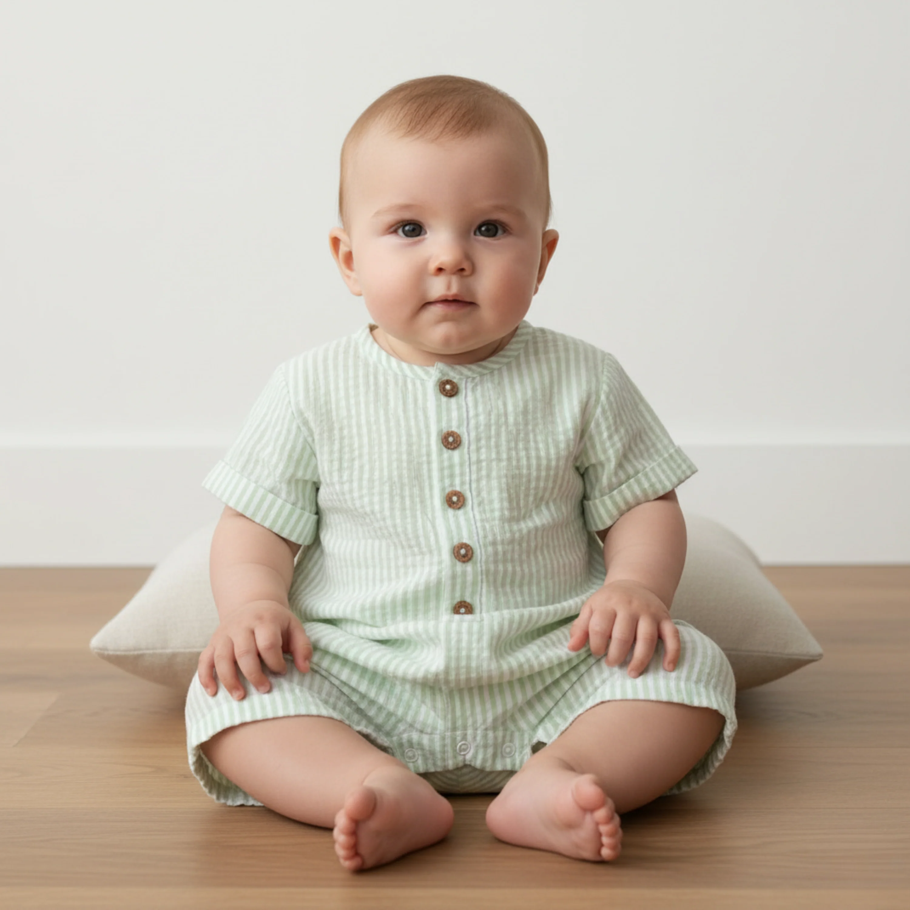 Organic Short Bubble Romper - Basil Stripes - Image 3