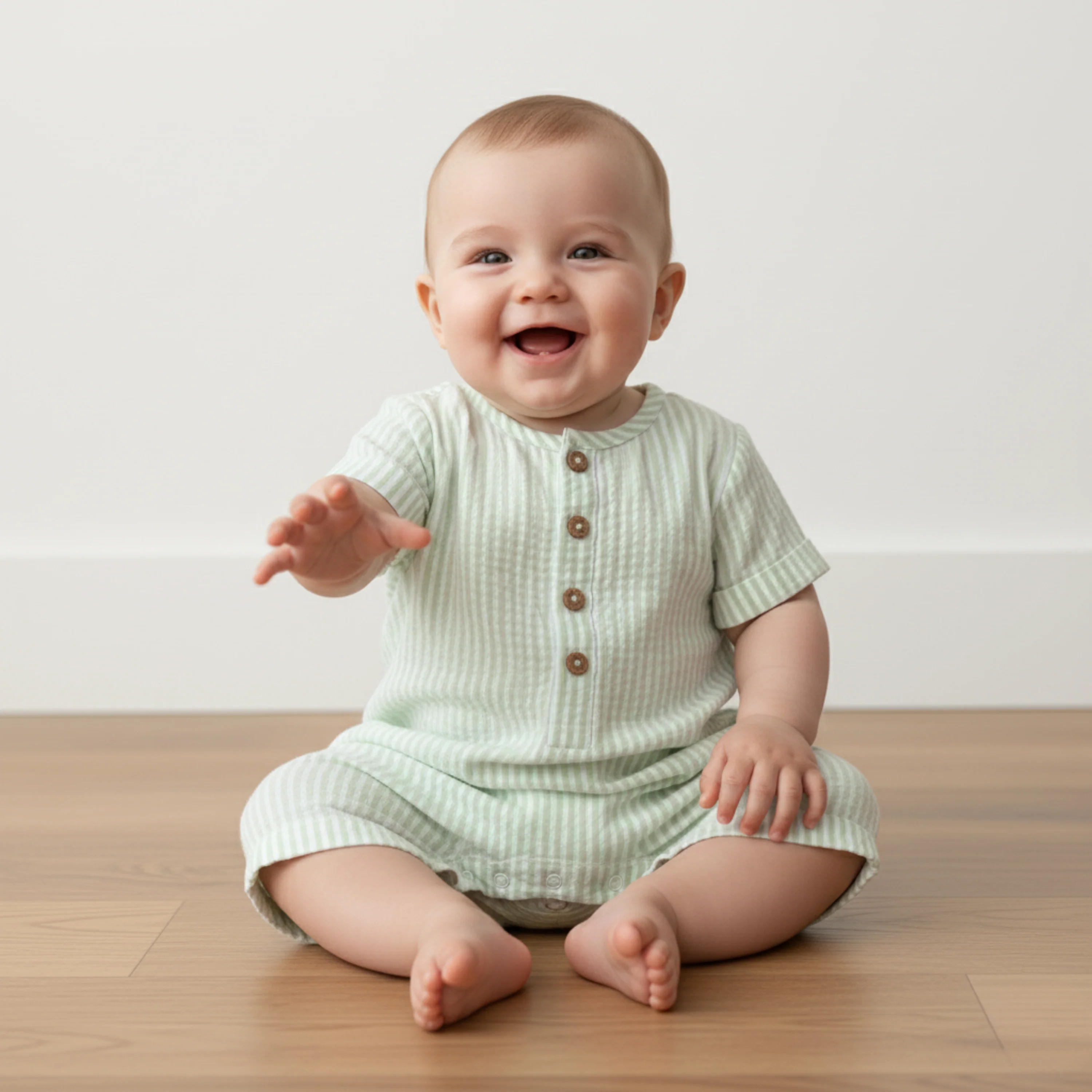 Organic Short Bubble Romper - Basil Stripes - Image 4