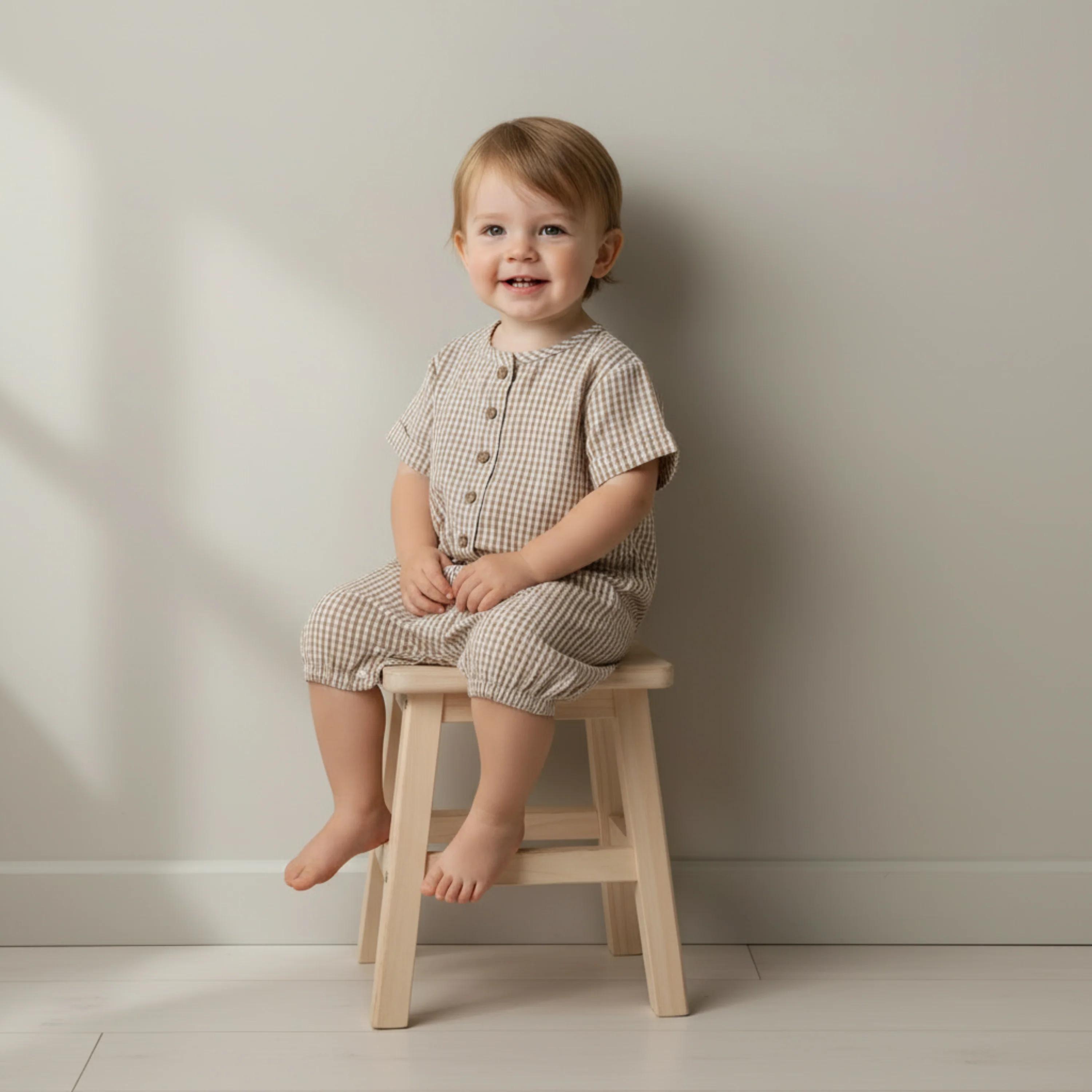 Organic Short Bubble Romper - Caramel Check - Image 3