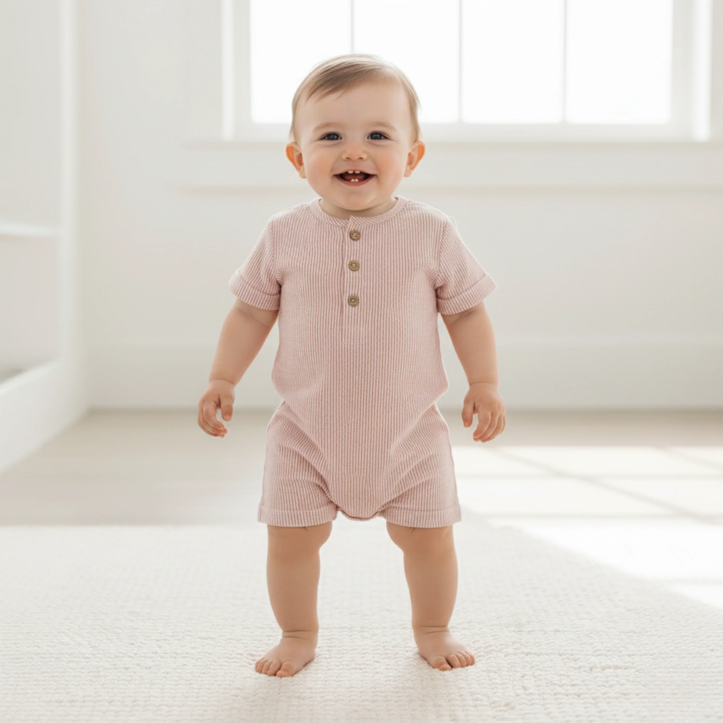 Organic Short Bubble Romper - Coral Stripes - Image 3