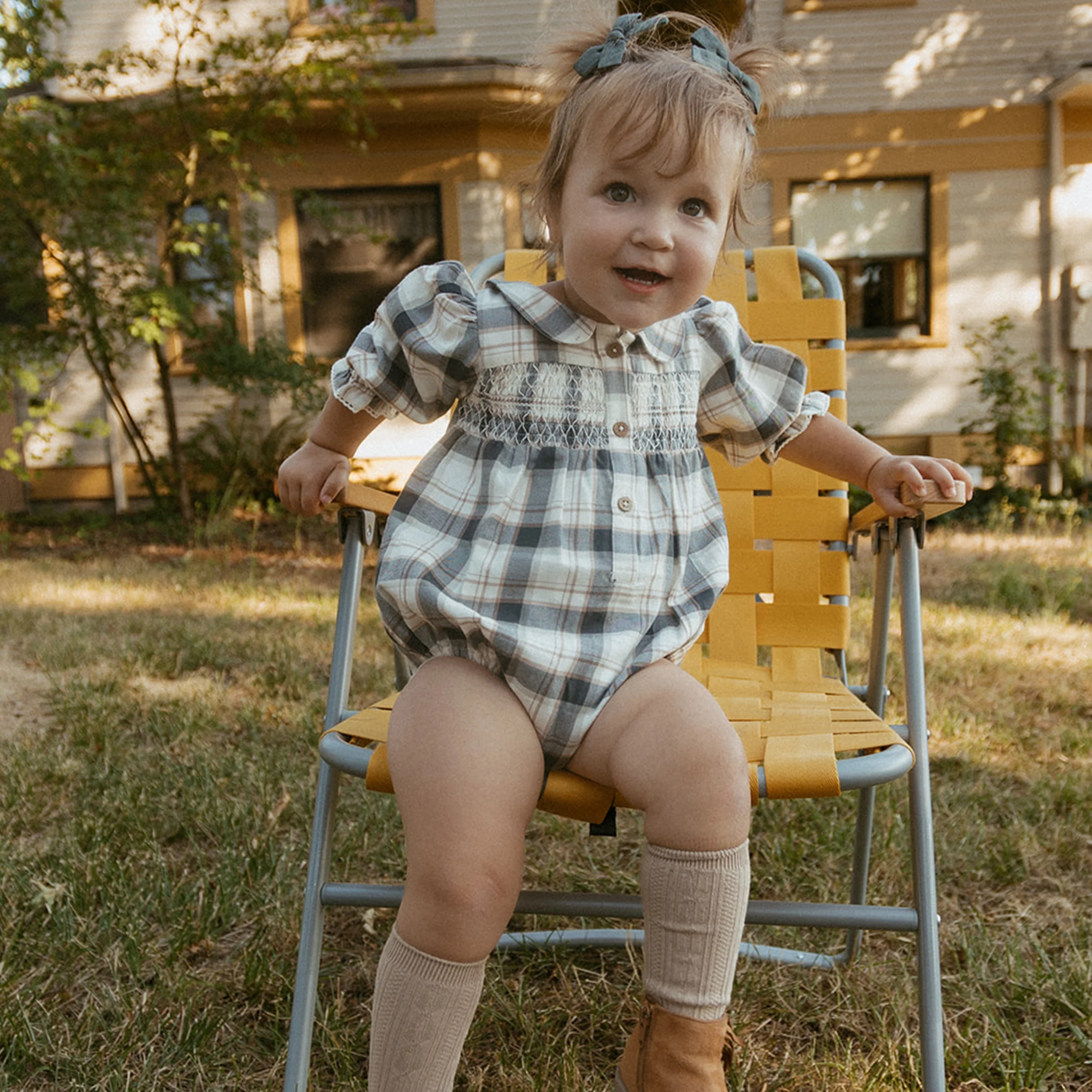 Organic Smocked Bubble Romper - Plaid Checks