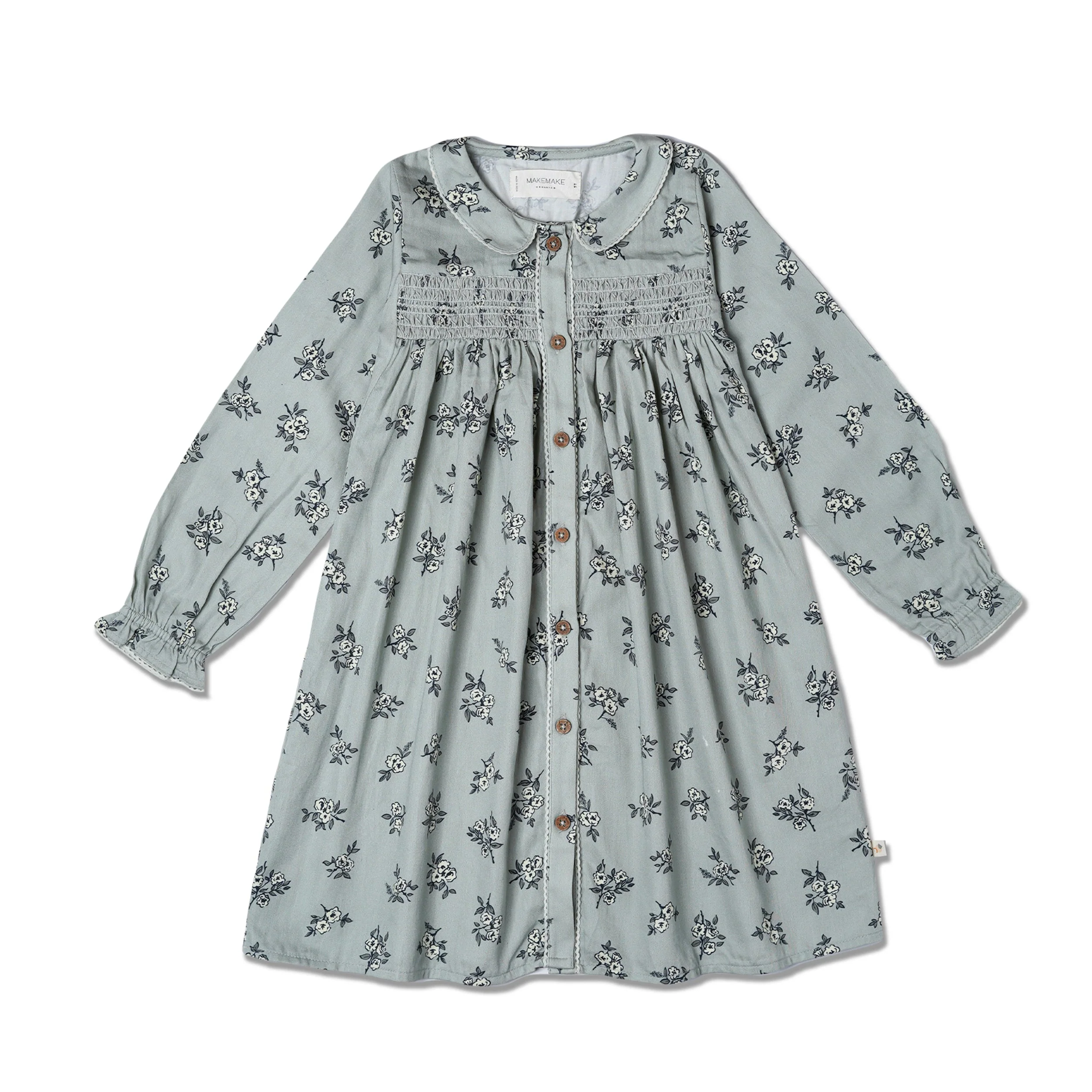 Organic Smocked Button Dress - Sage Bloom - Image 2