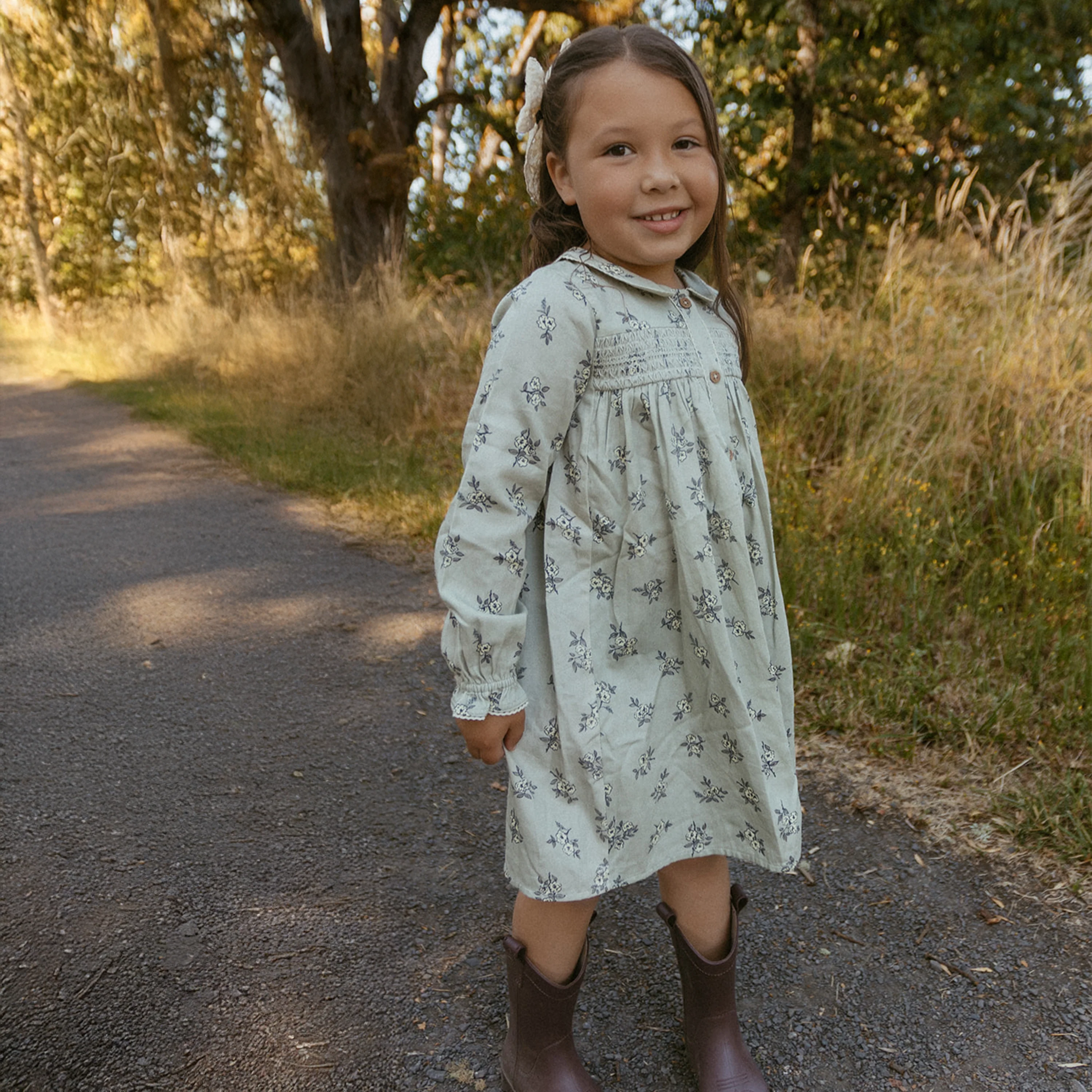 Organic Smocked Button Dress - Sage Bloom - Image 3