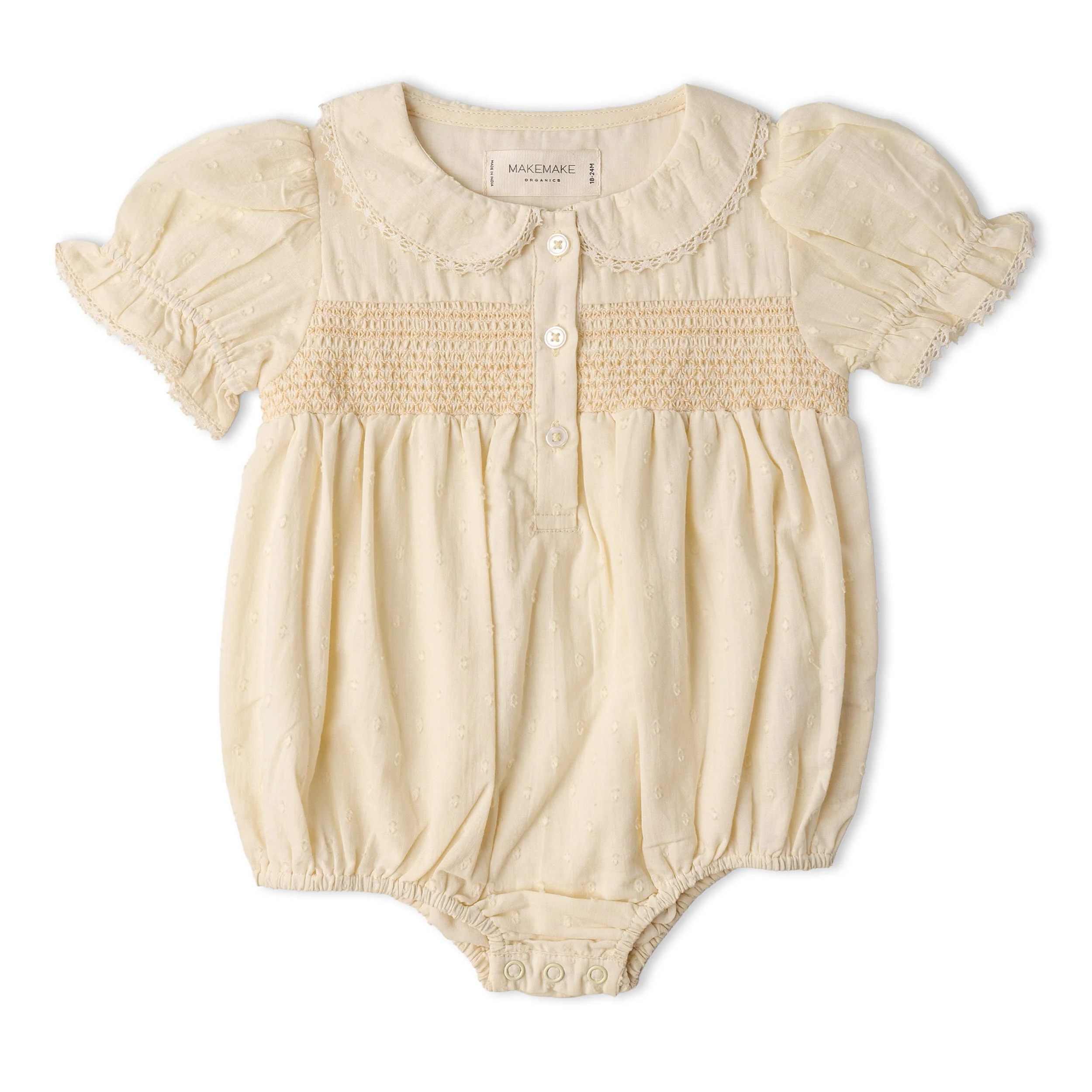 Organic Smocked Button Romper - Butter Yellow - Image 2