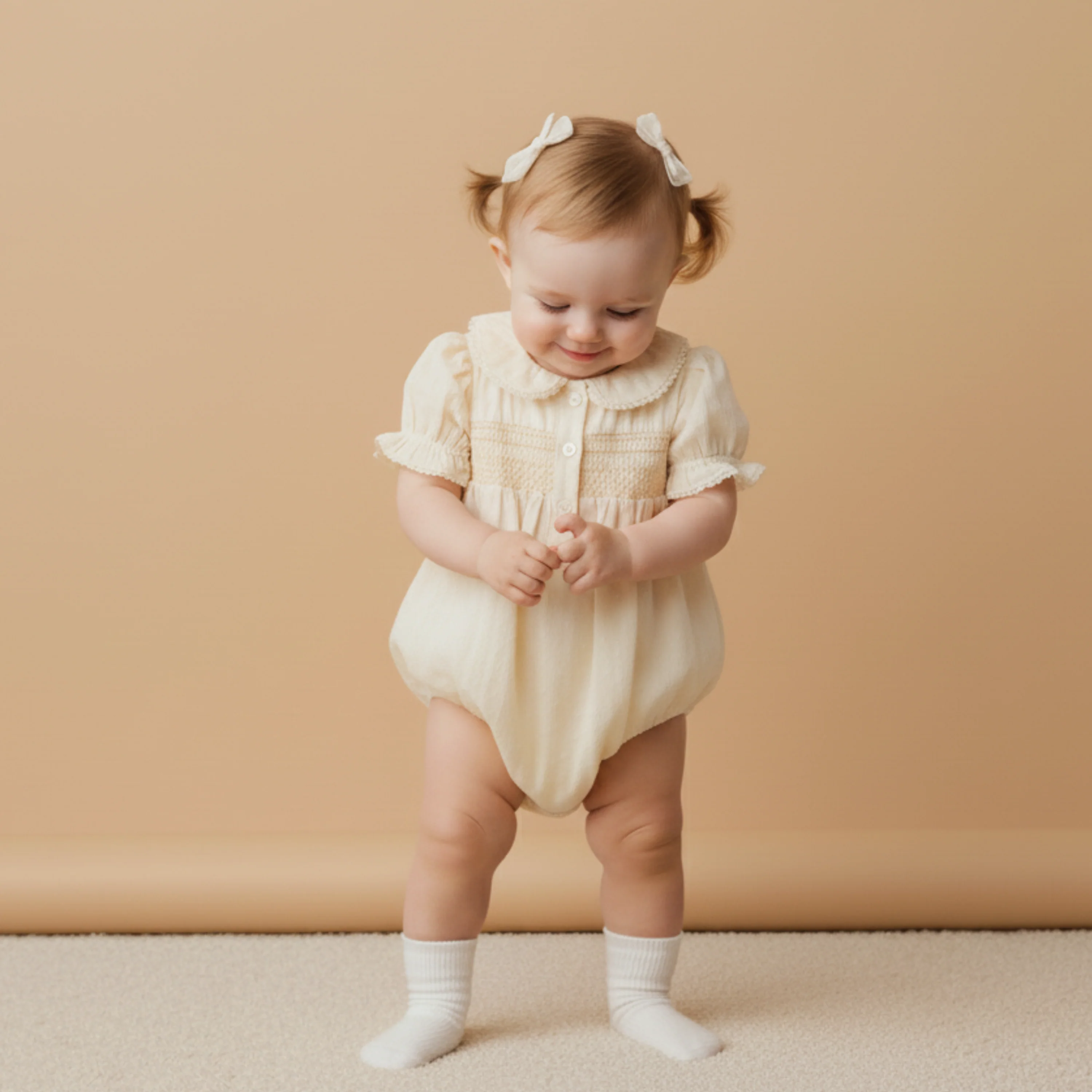 Organic Smocked Button Romper - Butter Yellow - Image 4