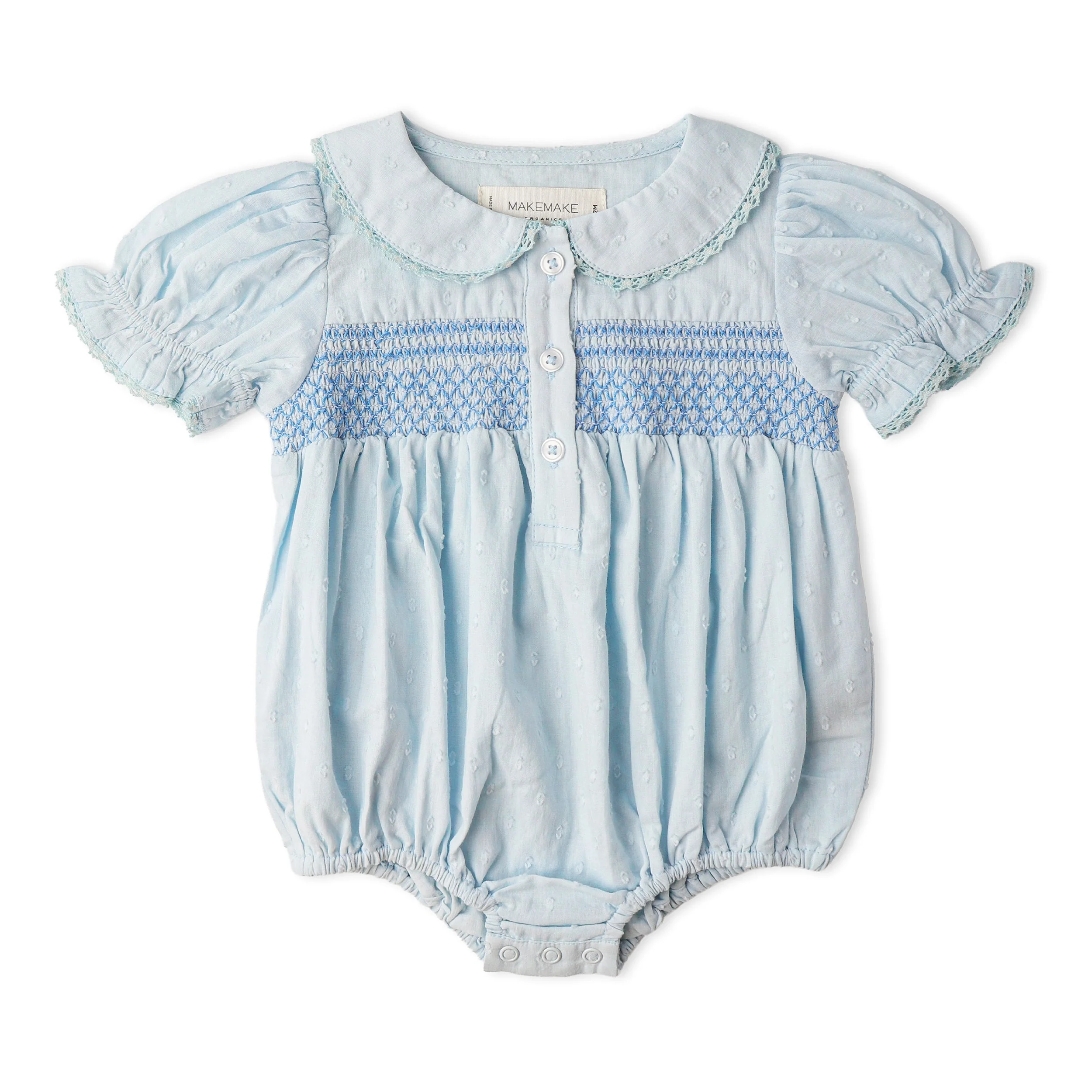 Organic Smocked Button Romper - Light Blue - Image 2