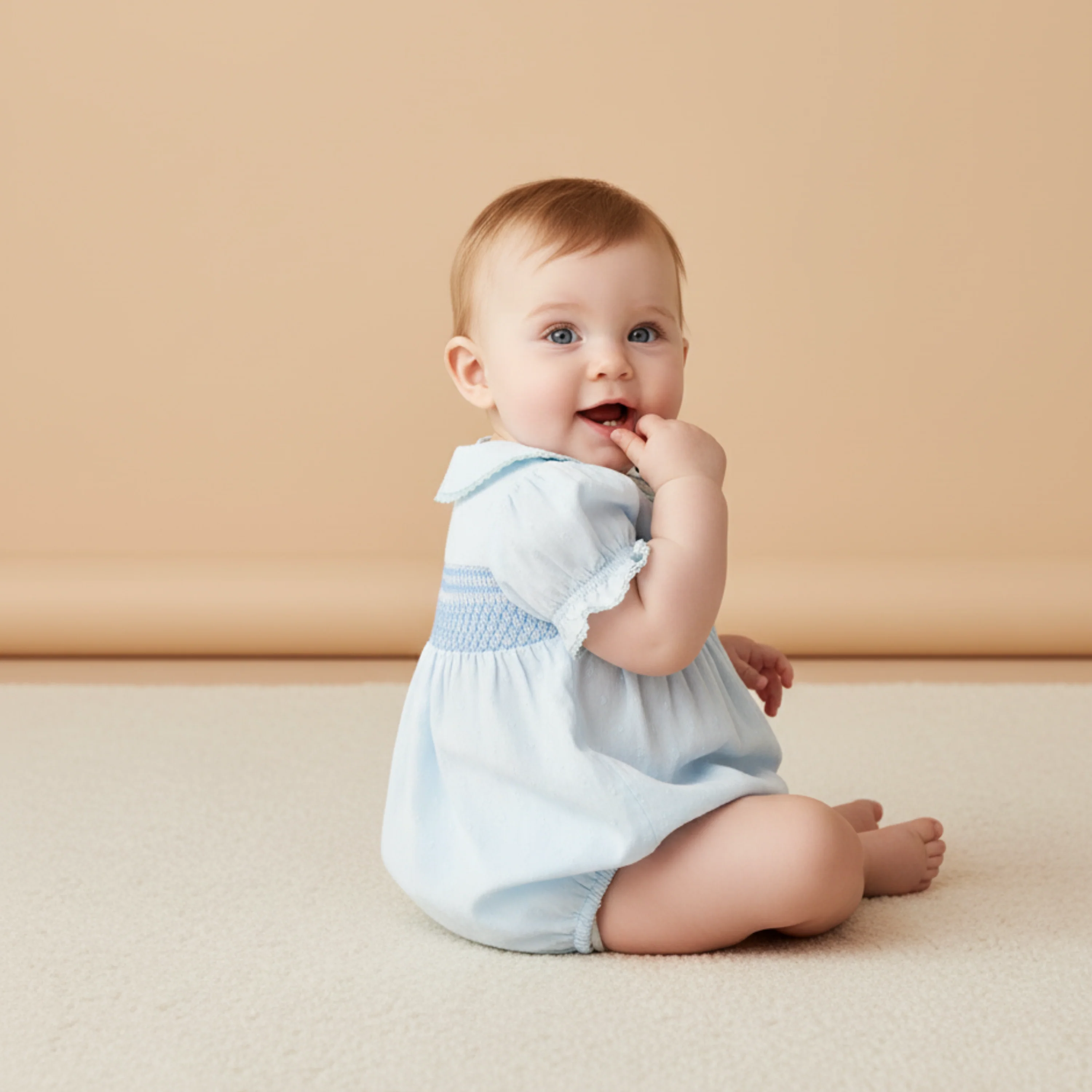 Organic Smocked Button Romper - Light Blue - Image 3
