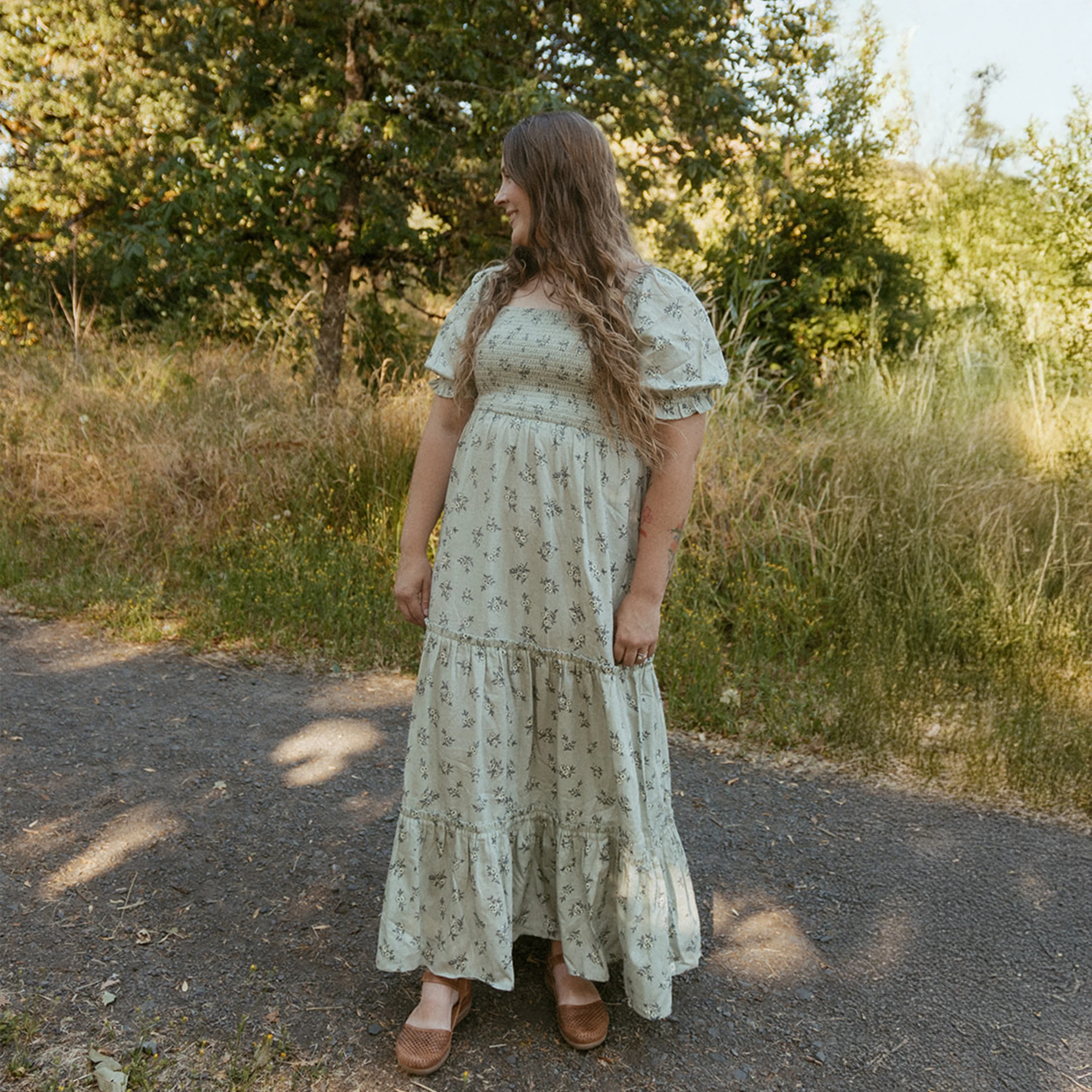 Organic Smocked Tiered Dress - Sage Bloom