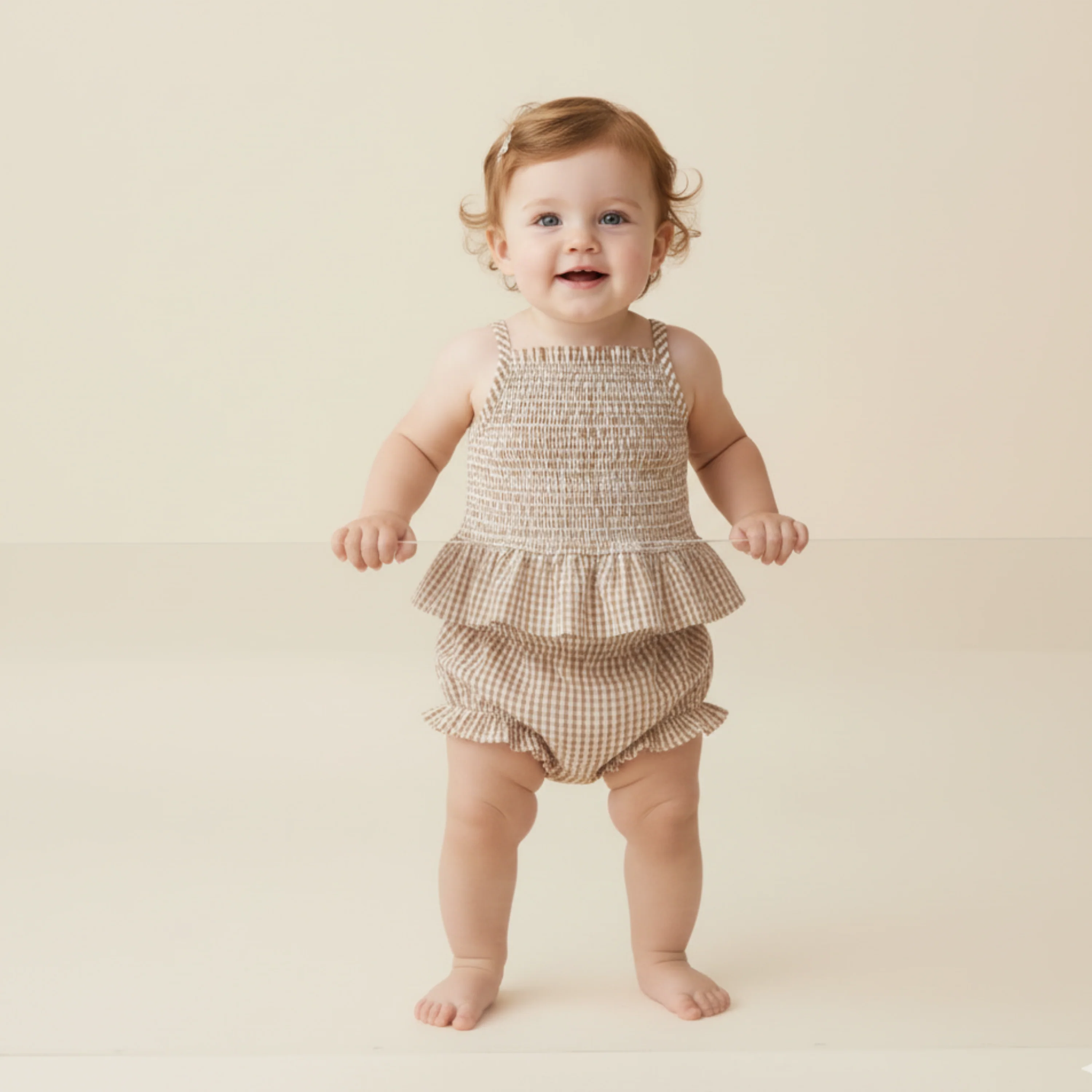 Organic Smocked Top And Bloomer Set - Caramel Check - Image 3