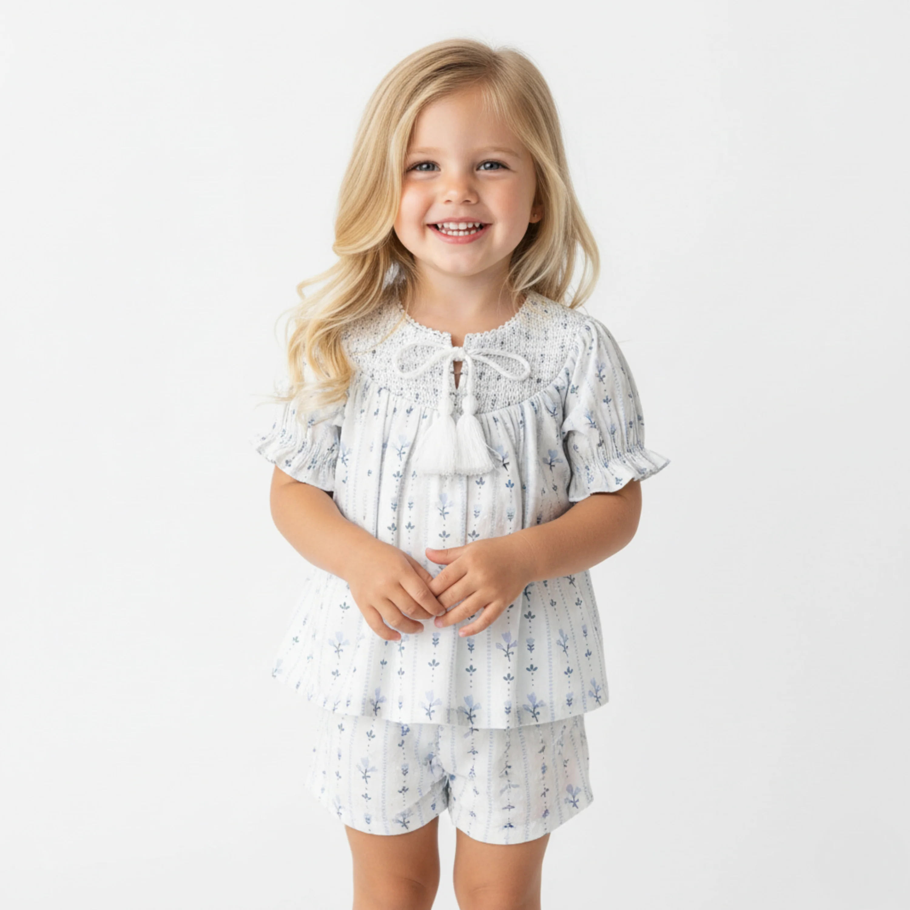 Organic Smocked Top & Shorts Set - Blue Vines - Image 3